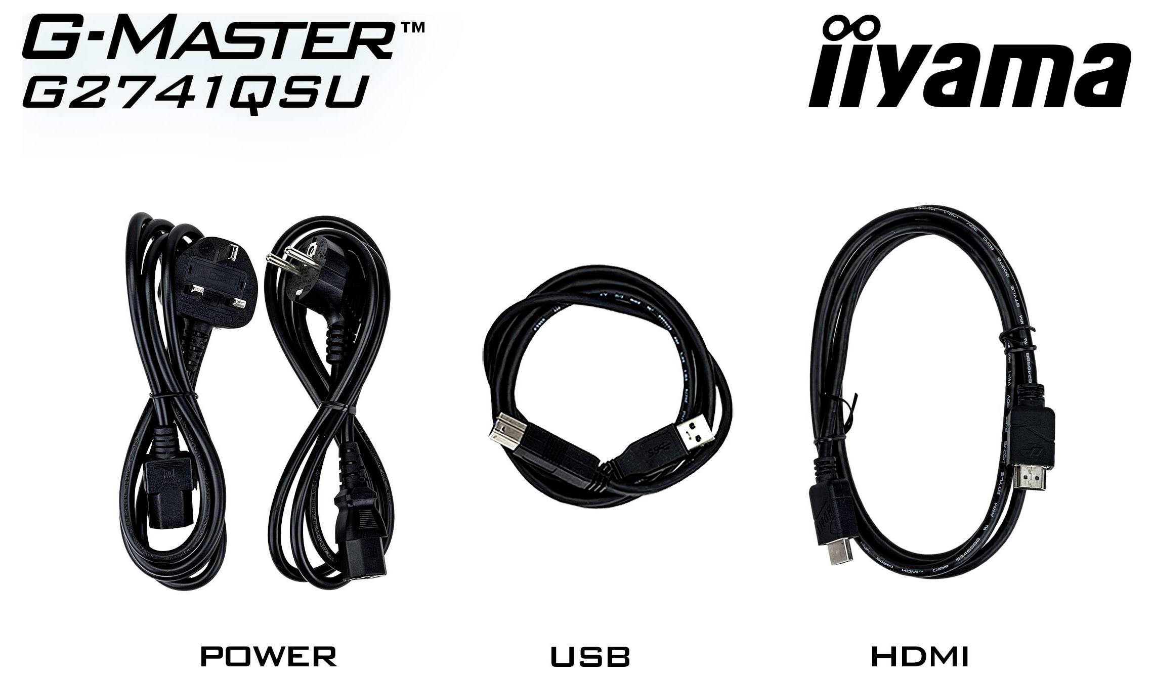 Kabeláž značky 'G-Master G2741QSU iiyama' pro napájení, USB a HDMI, zobrazená odděleně s odpovídajícími štítky pod každým kabelem.