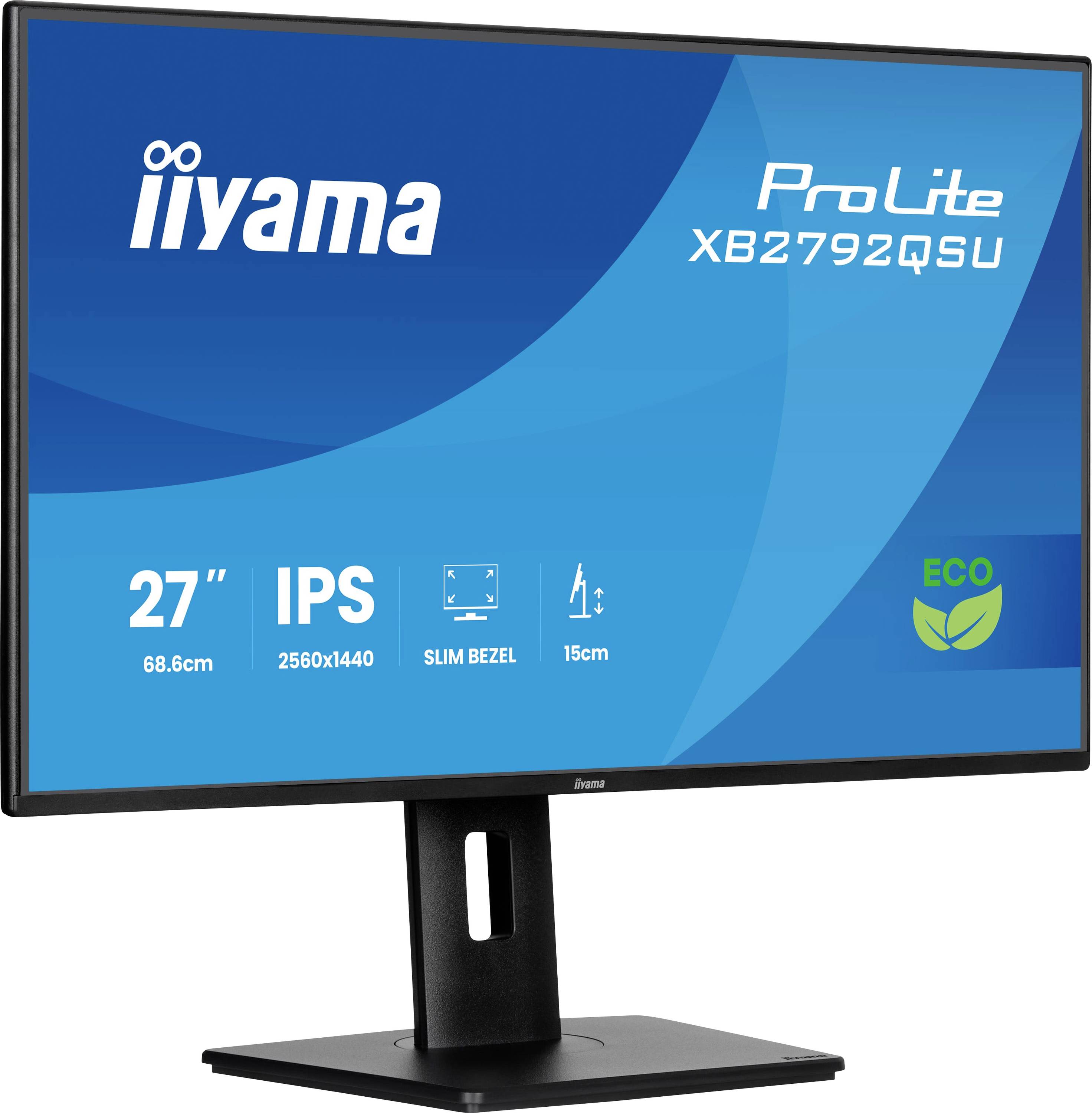 Obrázek ukazuje monitor iiyama ProLite XB2792QSU 27" s technologií IPS, rozlišením 2560x1440, tenkým rámečkem a ekologickými prvky.