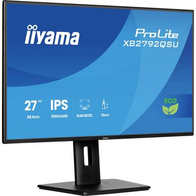 Obrázek ukazuje monitor iiyama ProLite XB2792QSU 27" s technologií IPS, rozlišením 2560x1440, tenkým rámečkem a ekologickými prvky.