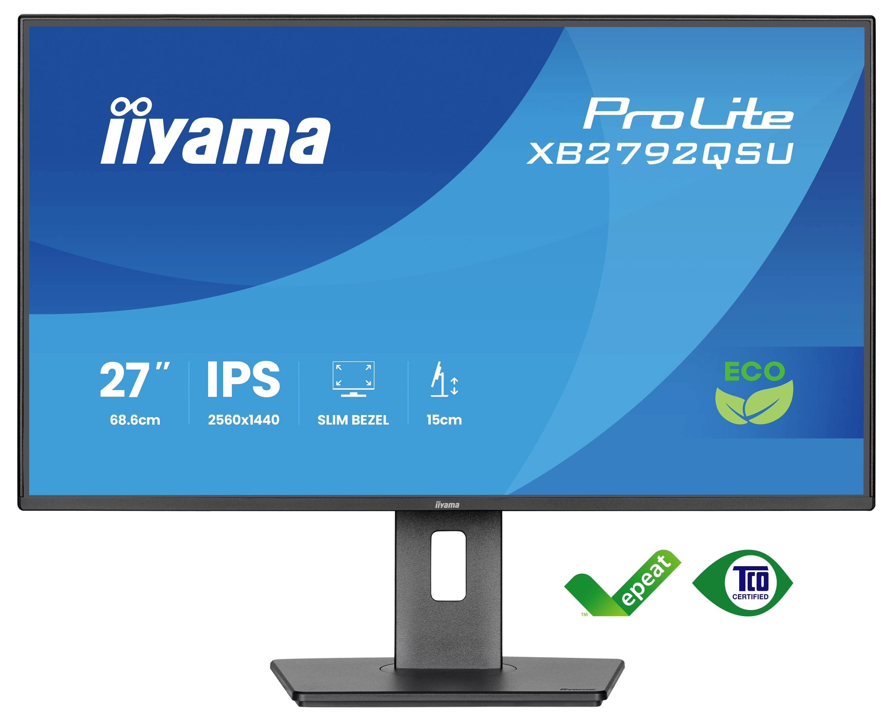 Monitor 'iiyama ProLite XB2792QSU' s 27palcovým displejem, technologií IPS, rozlišením 2560x1440, tenkými rámečky a ekologickými ikonami.