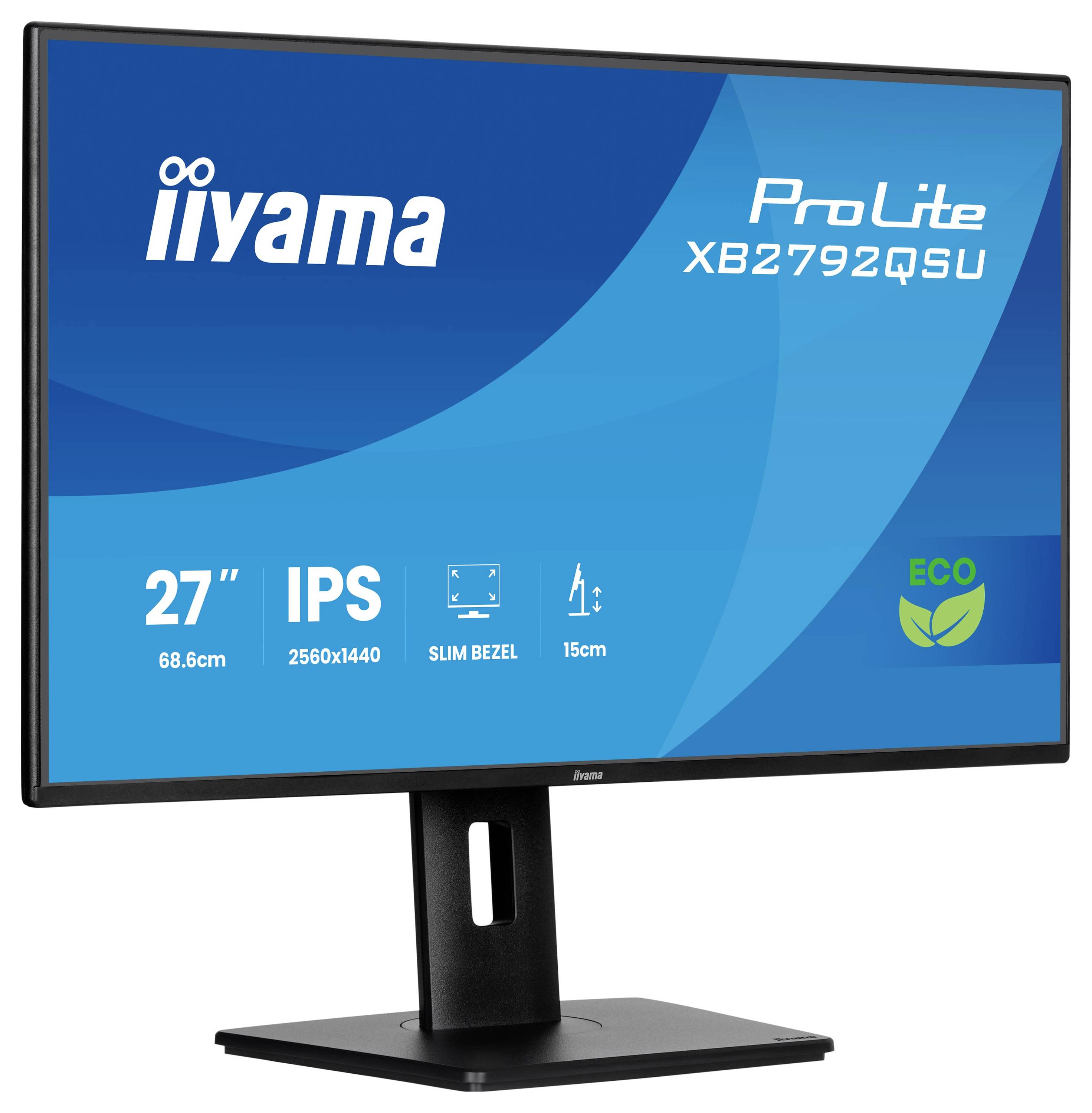 Monitor počítače zobrazující 'iiyama ProLite XB2792QSU' s 27palcovou obrazovkou, technologií IPS, tenkým rámečkem a ekologickým designem.