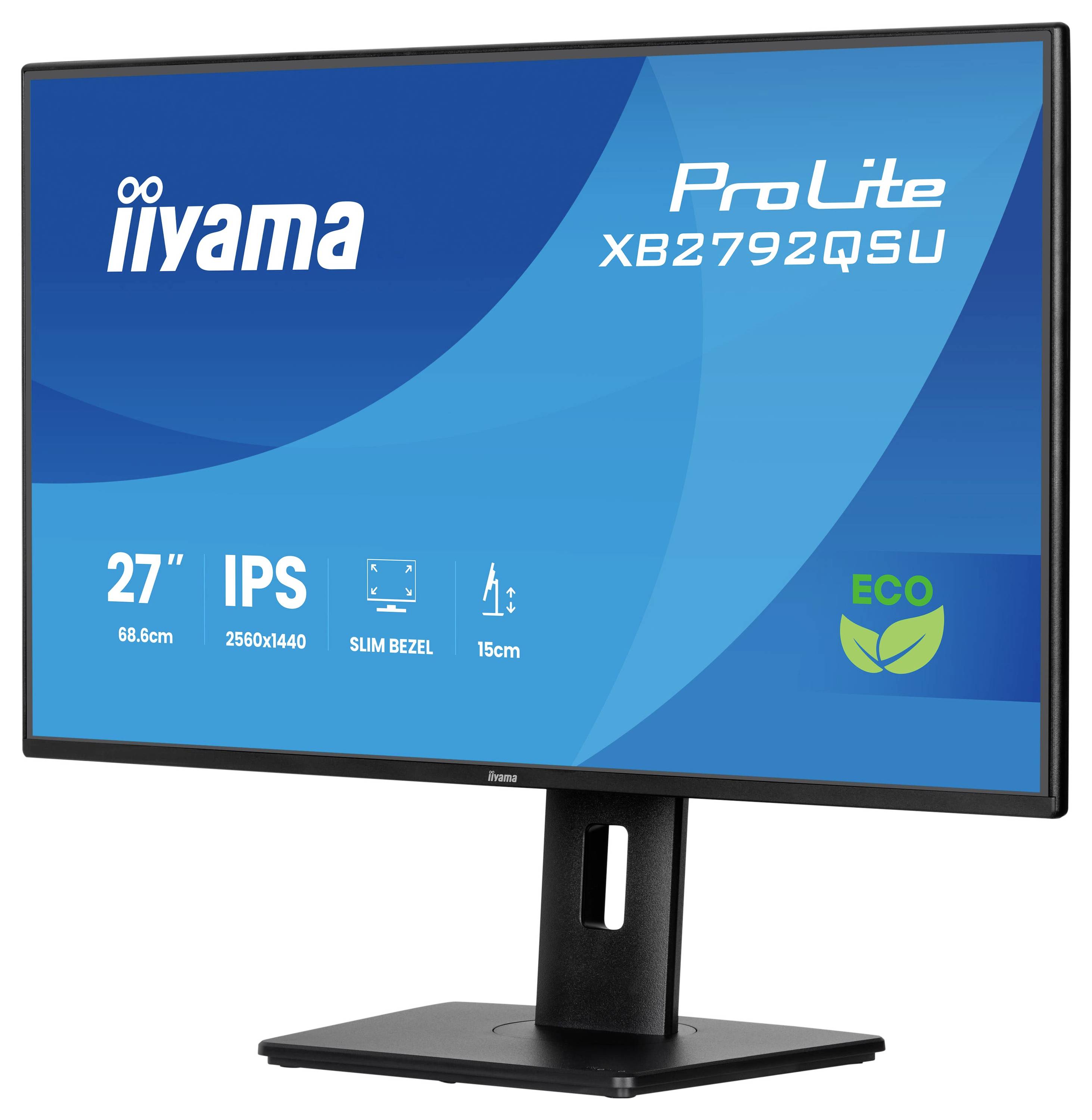 Monitor „Iiyama ProLite XB2792QSU" zobrazující funkce: 27palcová obrazovka, IPS panel, rozlišení 2560x1440, tenký rámeček, label šetrný k životnímu prostředí.