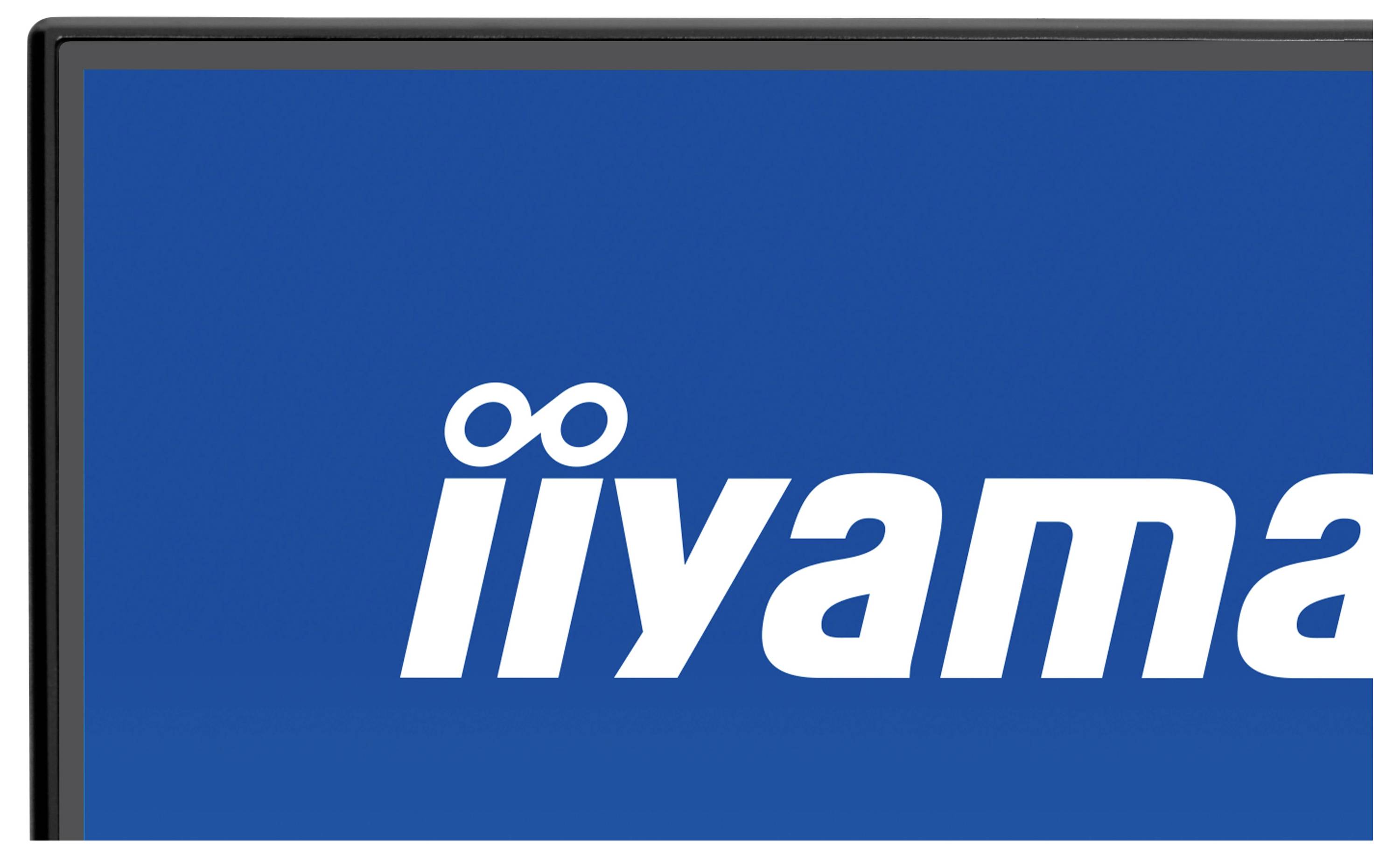 Logo "IIYAMA" zobrazený na modrém pozadí v levém horním rohu obrazovky monitoru.