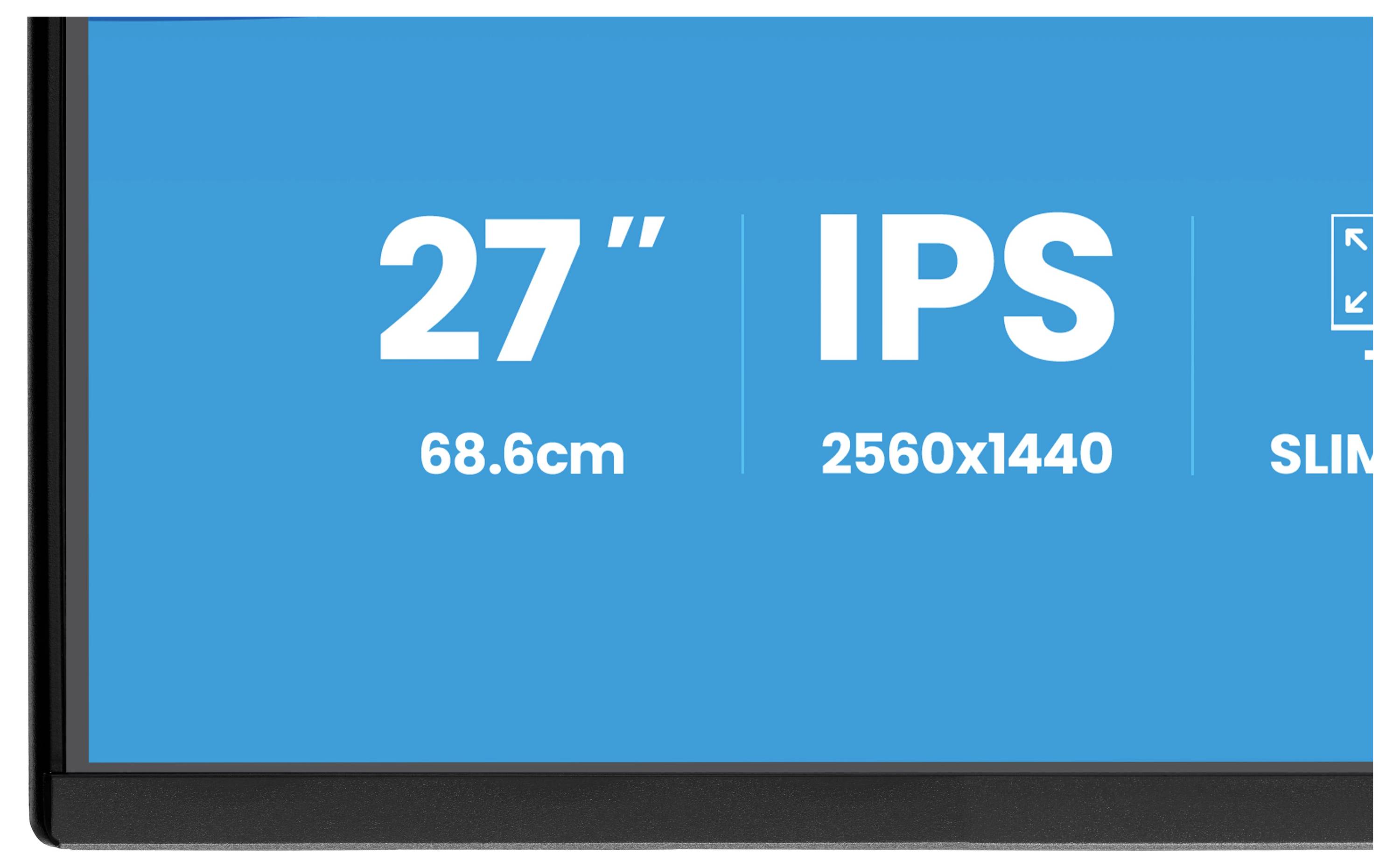 Detailní pohled na specifikace monitoru: "27" (68,6 cm), IPS, rozlišení 2560x1440" zobrazené na modrém pozadí.