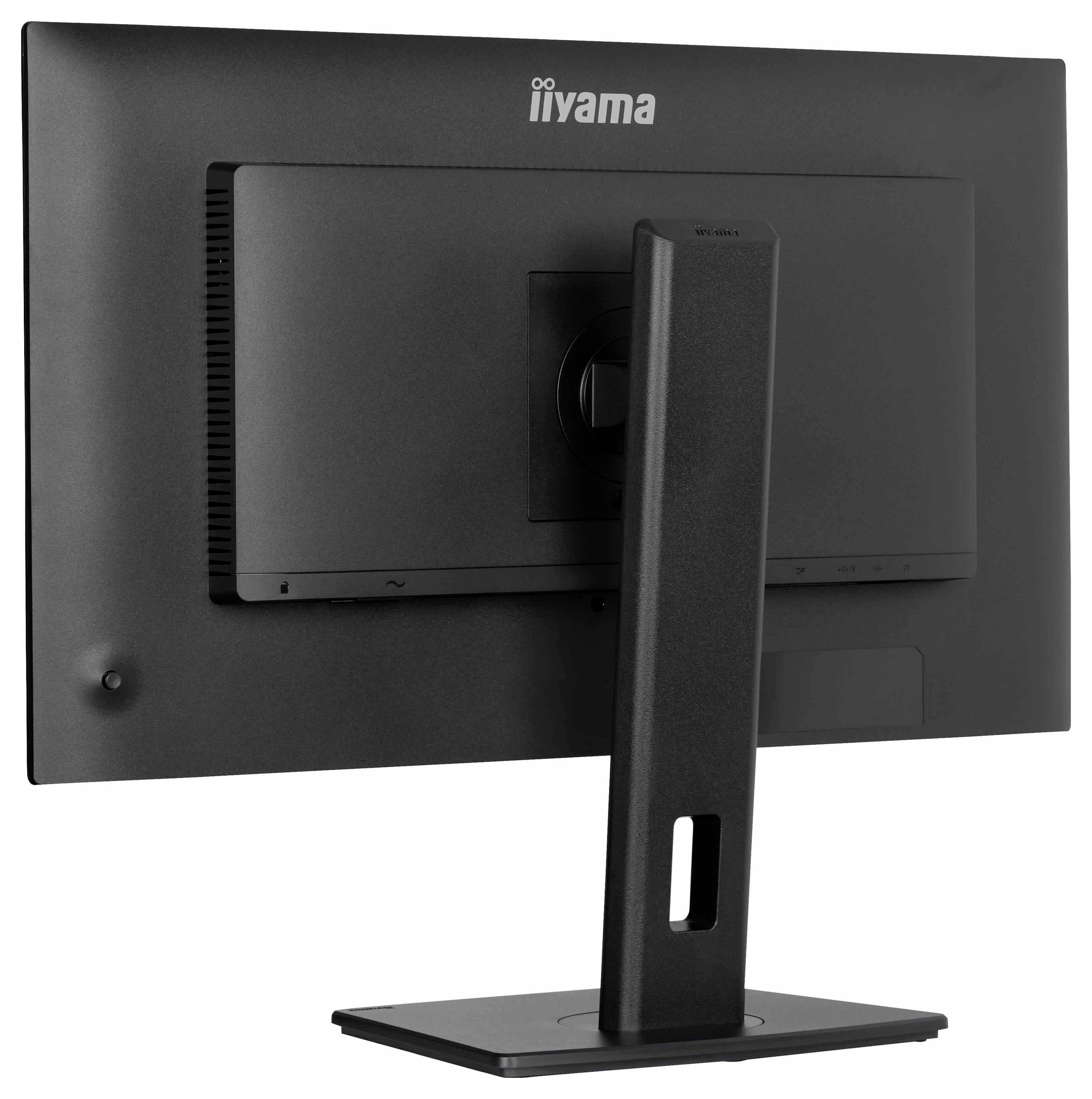 Počítačový monitor pozorovaný zezadu, zobrazující stojan a značku 'Iiyama' v horní části.