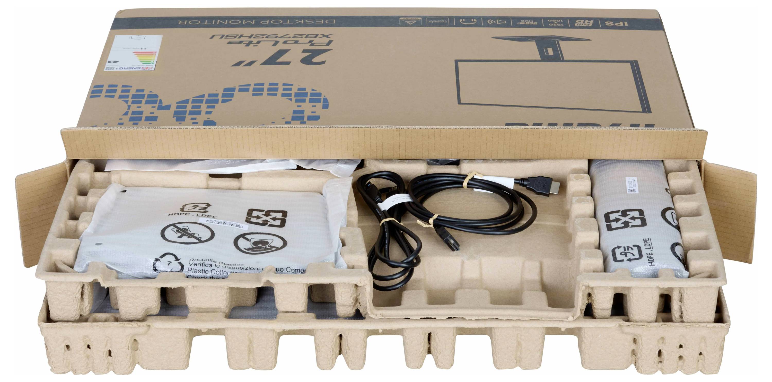 Obrázek ukazuje částečně otevřenou kartonovou krabici obsahující 27palcový monitor s viditelným napájecím a HDMI kabelem.