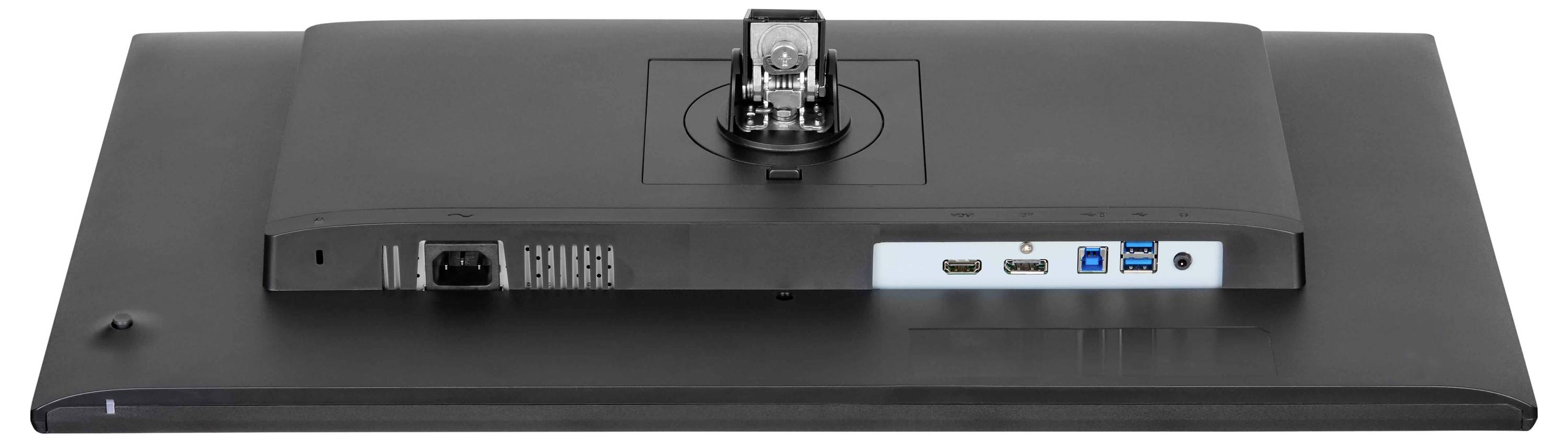 'Zadní pohled na černý monitor zobrazující vstup napájení, porty HDMI, USB a sluchátková konektoru se stojanem připevněným v horní části uprostřed.'