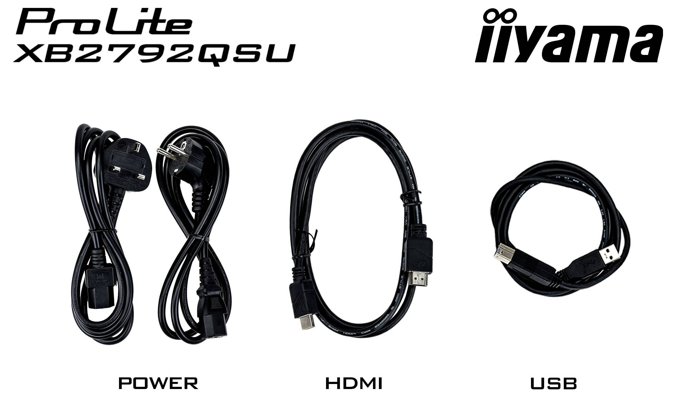 Obrázek ukazuje tři typy kabelů: "Power", "HDMI" a "USB", související s monitorem iiyama ProLite XB2792QSU.
