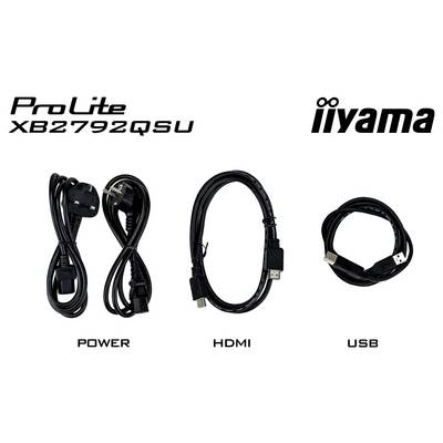 Obrázek ukazuje tři typy kabelů: "Power", "HDMI" a "USB", související s monitorem iiyama ProLite XB2792QSU.