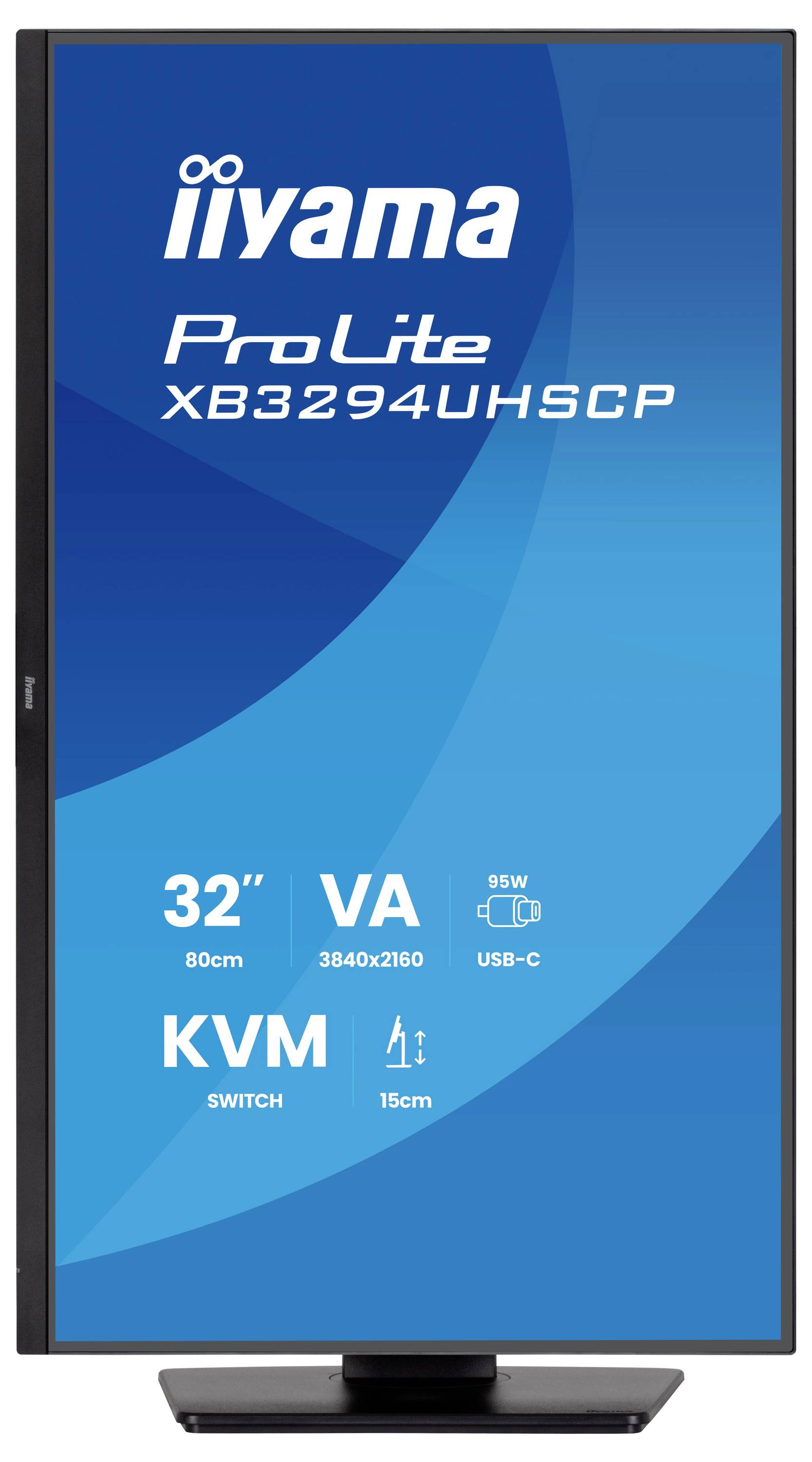Obrazovka monitoru "Iiyama ProLite XB3294UHSC" zobrazující specifikace: 32palcový VA panel, rozlišení 3840x2160, USB-C, 95W, přepínač KVM.