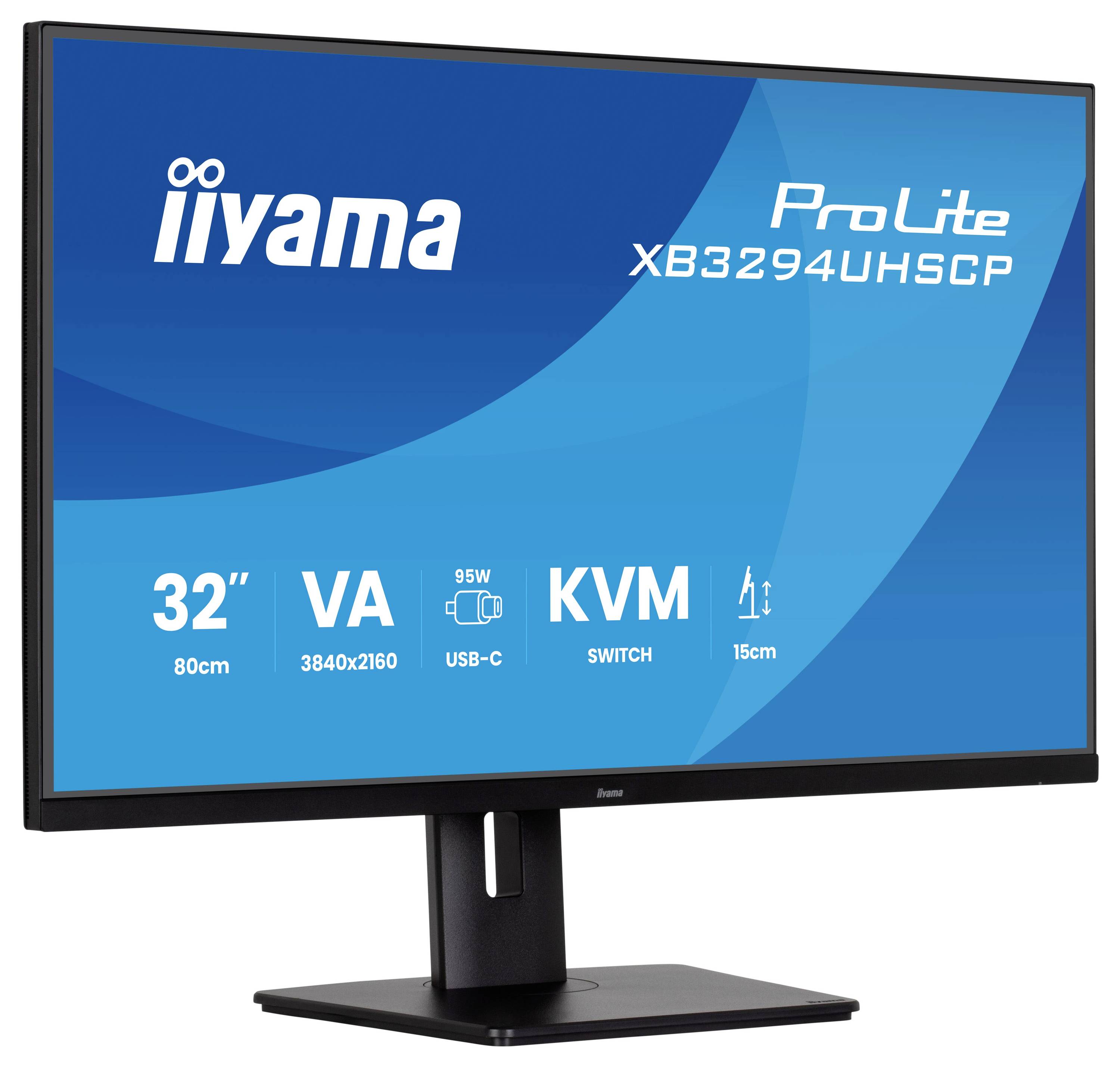Monitor zobrazující „iiyama ProLite XB3294UHSCP" s funkcemi: 32 palců, VA panel, rozlišení 3840x2160, USB-C, přepínač KVM.