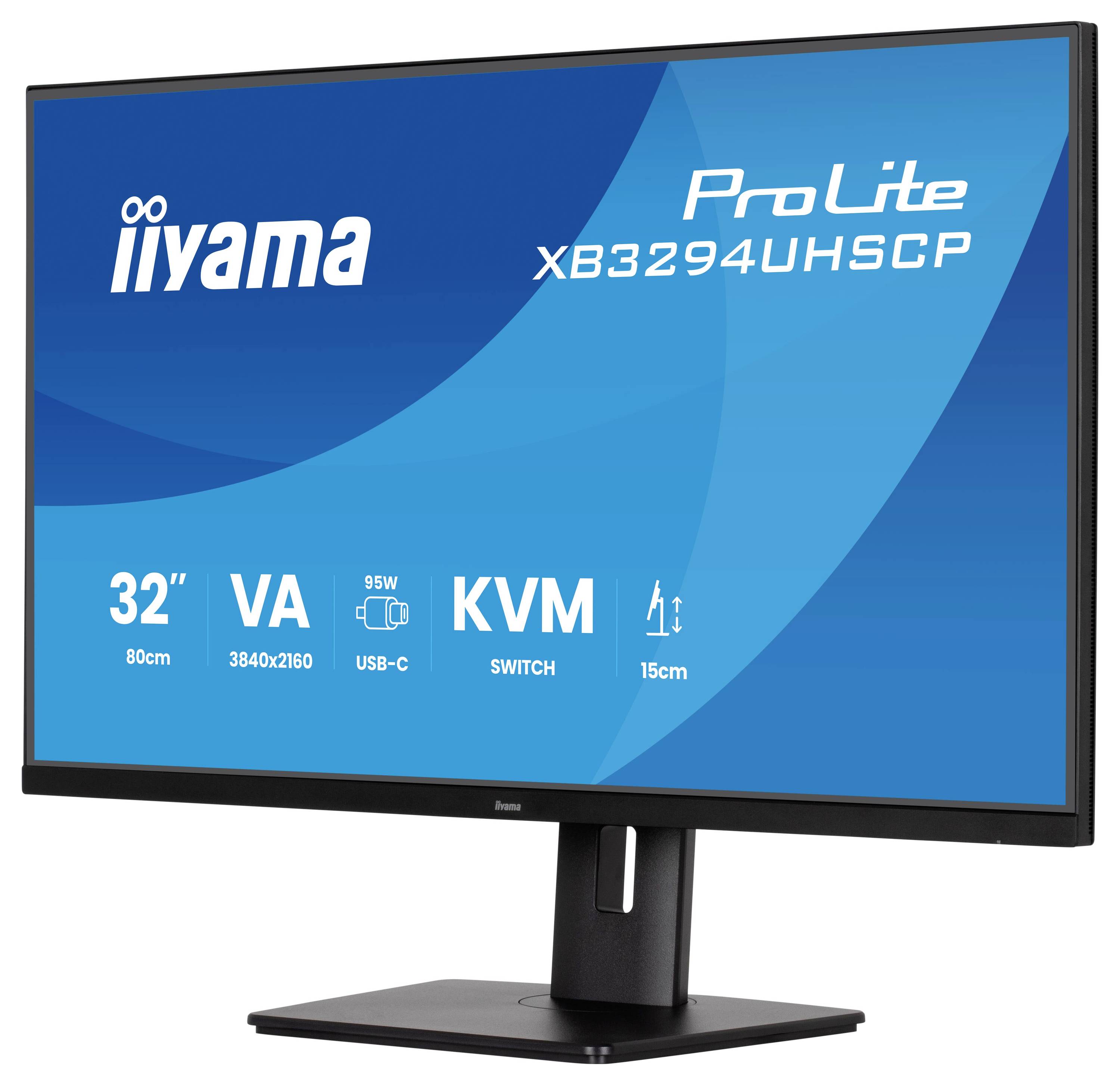 Monitor 'Iiyama ProLite XB3294UHSGP' s 32palcovým displejem, funkce: VA panel, rozlišení 3840x2160, port USB-C, 95W výkon, přepínač KVM, nastavení výšky 15cm.