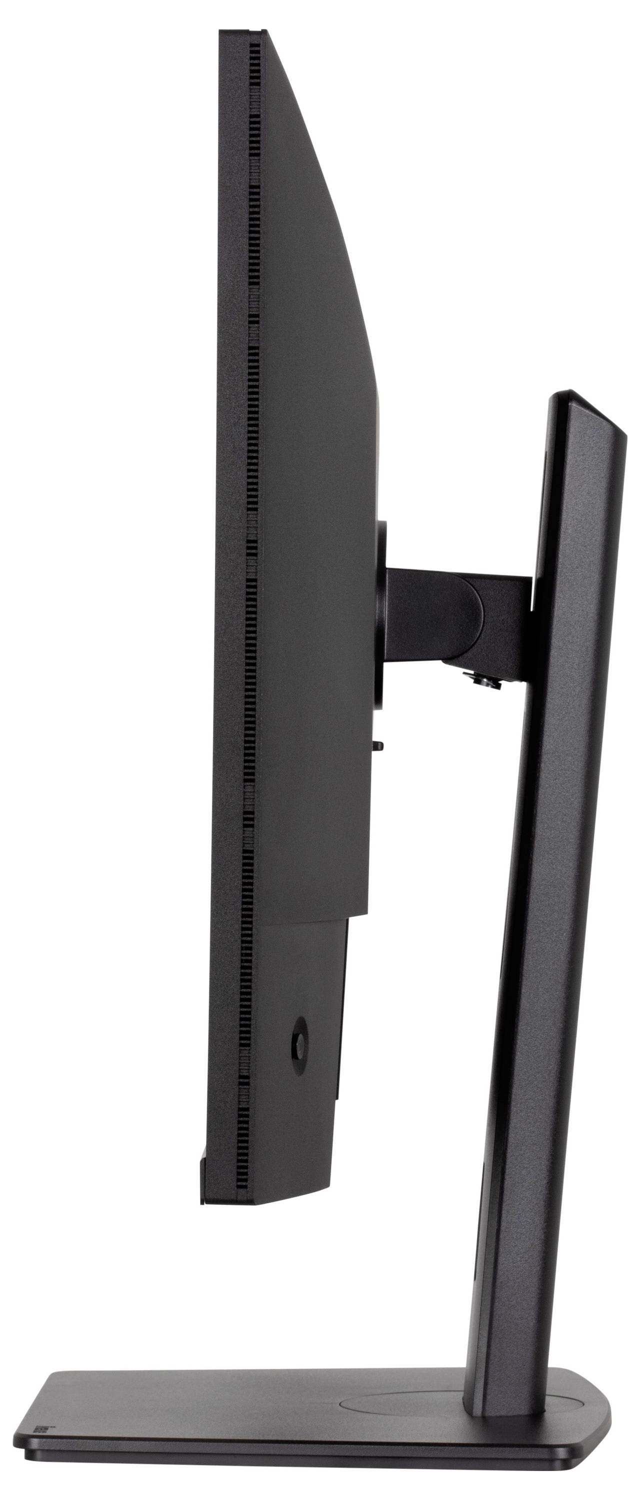 Boční pohled na tenký černý počítačový monitor na stojanu, který ukazuje jeho štíhlý design a možnost svislého nastavení.