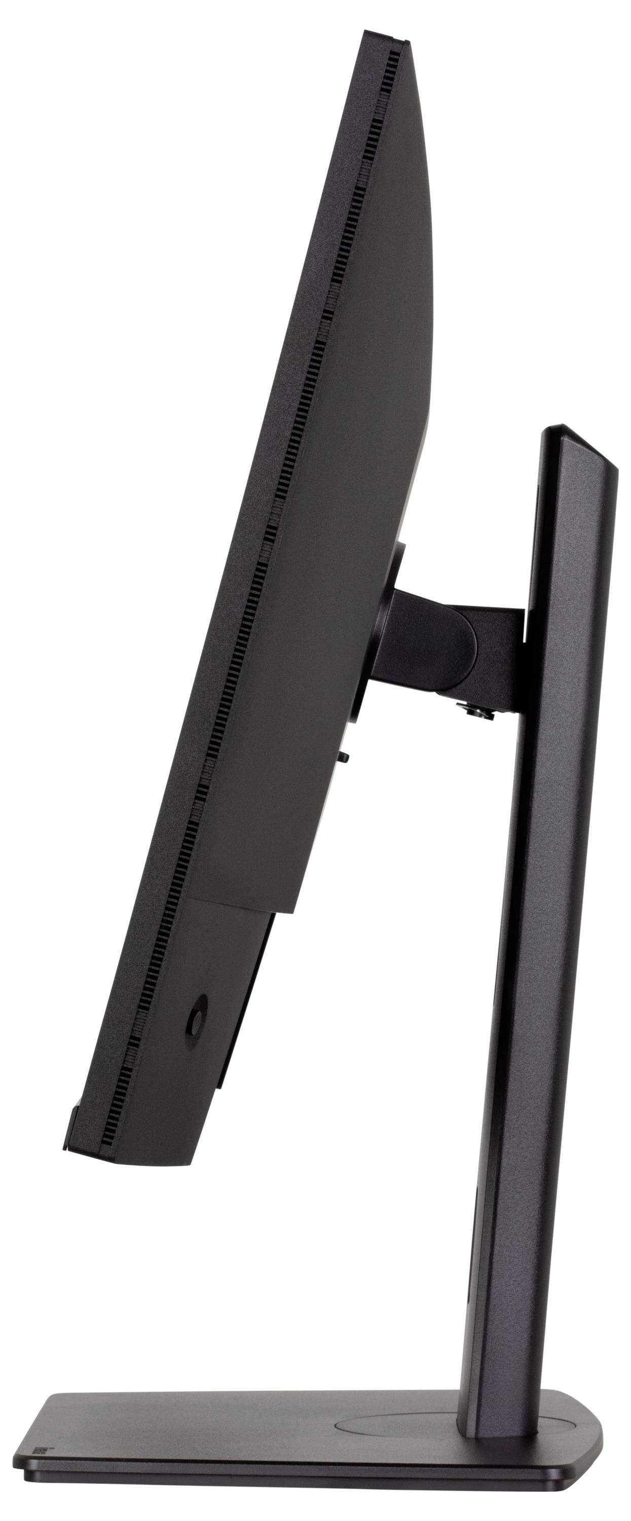 Boční pohled na černý počítačový monitor na stojanu s viditelnými vyztuženými hranami a minimalistickým designem.