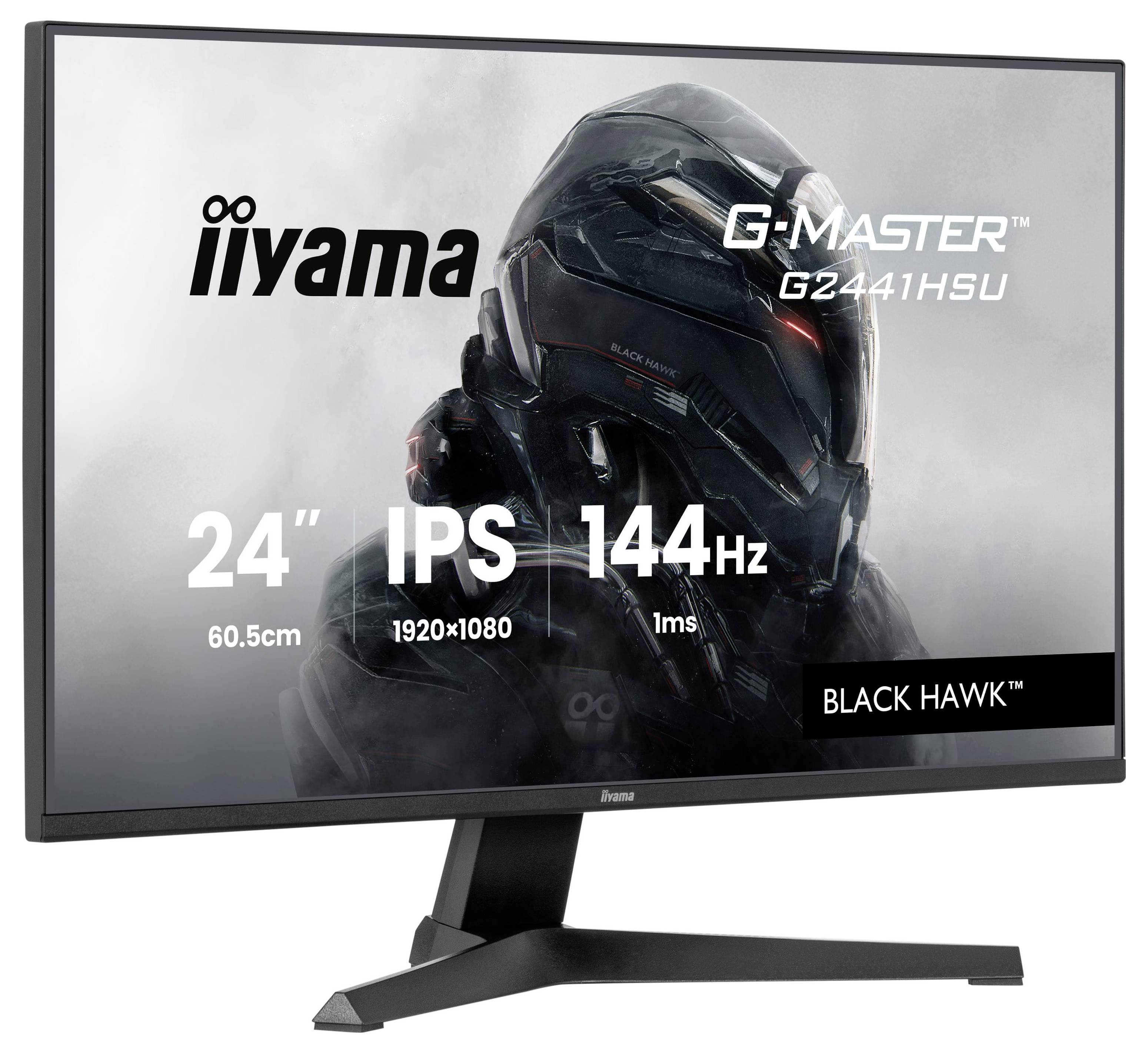 Displej herního monitoru zobrazuje specifikace: 24palcová obrazovka, technologie IPS, rozlišení 1920x1080, obnovovací frekvence 144Hz, doba odezvy 1ms.