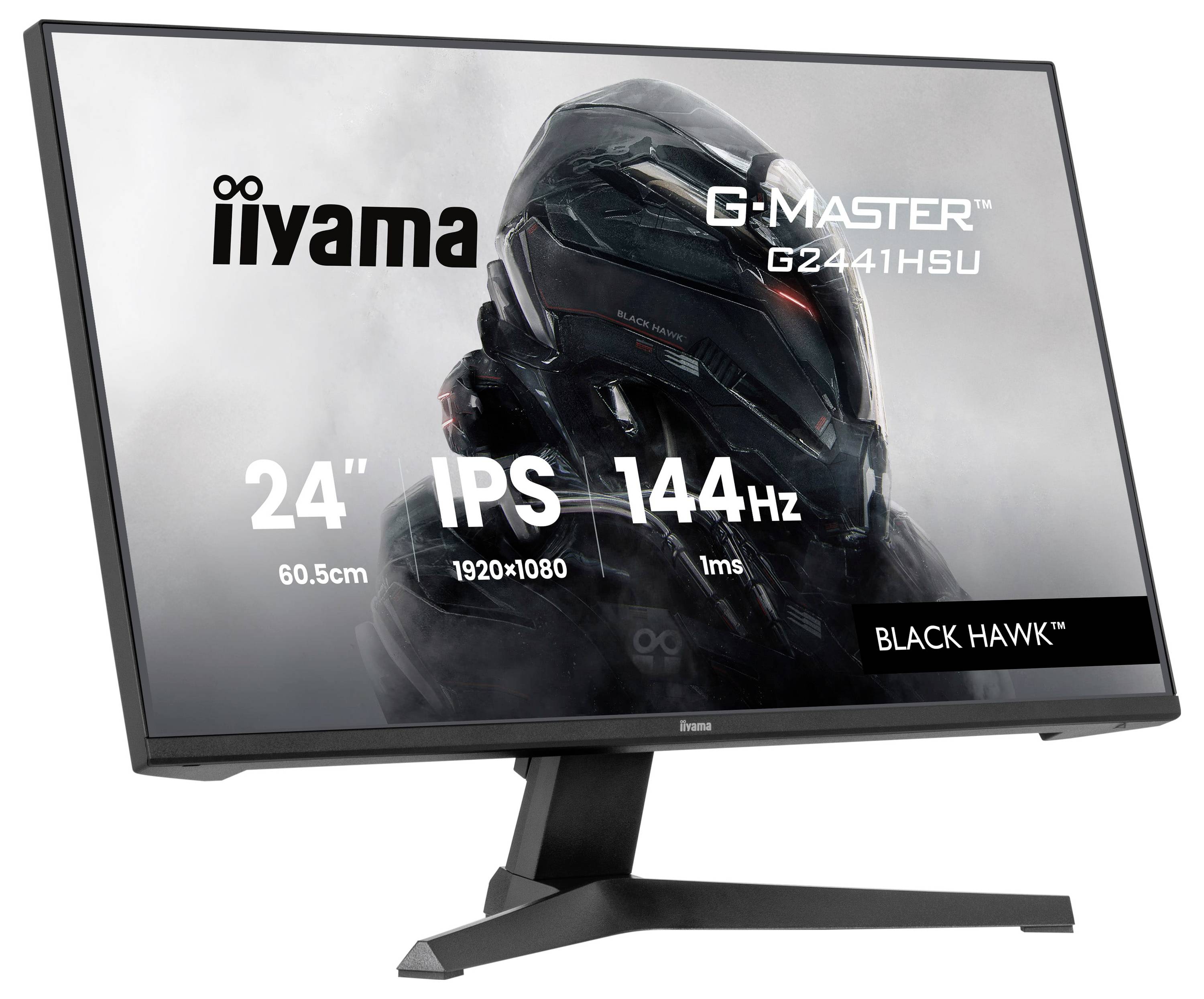 Monitor zobrazující 'iiyama G-Master G2441HSU'. Vlastnosti: velikost 24 palců, IPS obrazovka, rozlišení 1920x1080, obnovovací frekvence 144Hz, doba odezvy 1ms.