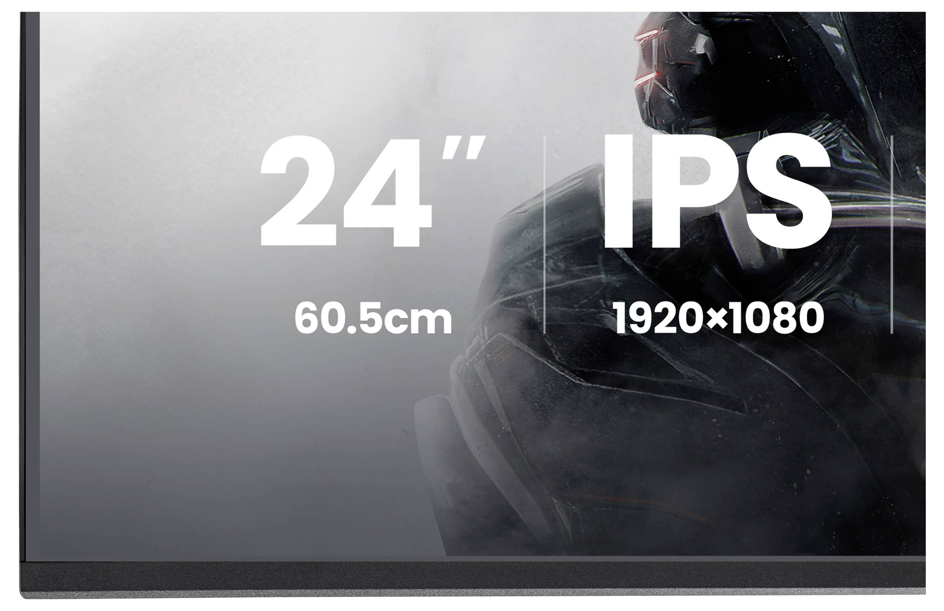 '24" IPS monitor, rozlišení 1920x1080, 60,5cm' zobrazeno na obrazovce, představující částečný pohled na elegantní design s tmavým designem.