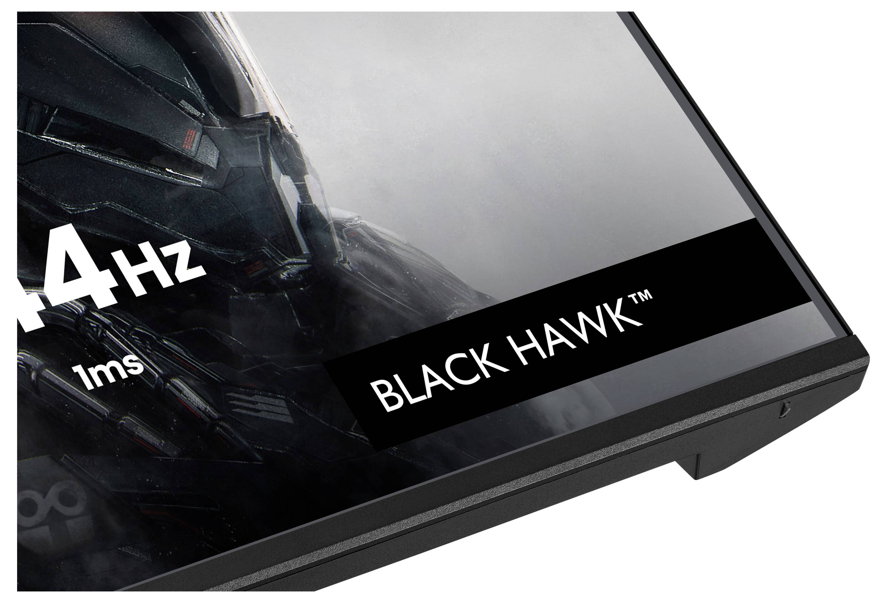 Rohový kout monitoru se značkou "BLACK HAWK", kde je zdůrazněna obnovovací frekvence 144 Hz a doba odezvy 1 ms.