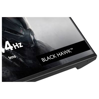 Rohový kout monitoru se značkou "BLACK HAWK", kde je zdůrazněna obnovovací frekvence 144 Hz a doba odezvy 1 ms.