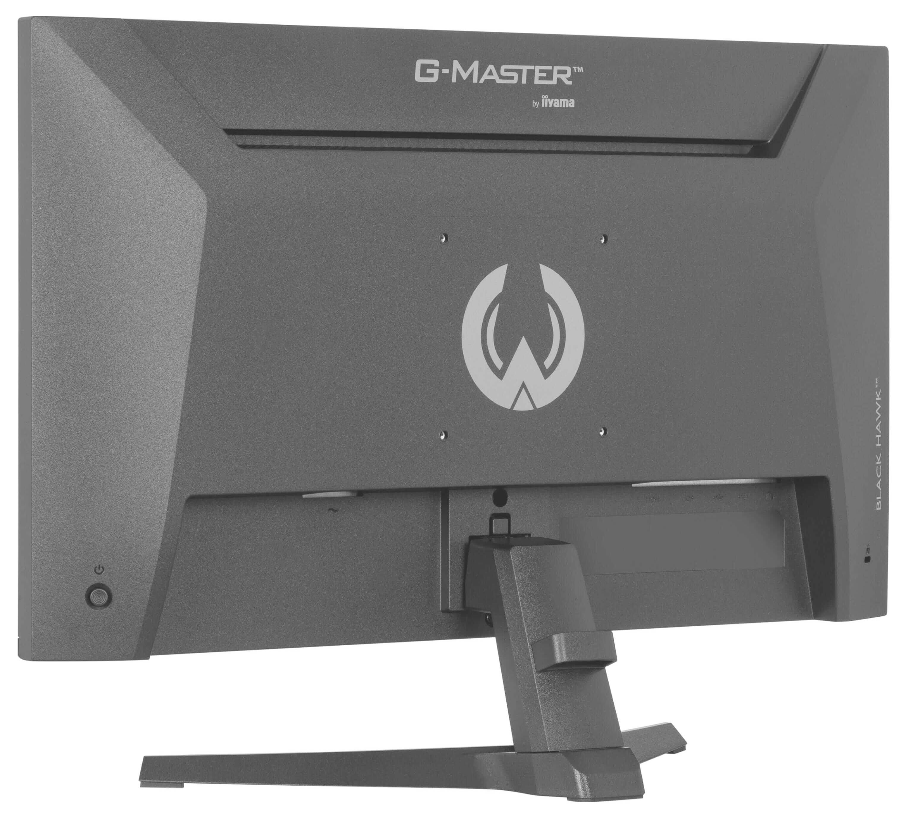 Černý herní monitor G-Master zobrazený zezadu s viditelným stojánem a držákem pro montáž nebo nastavení.