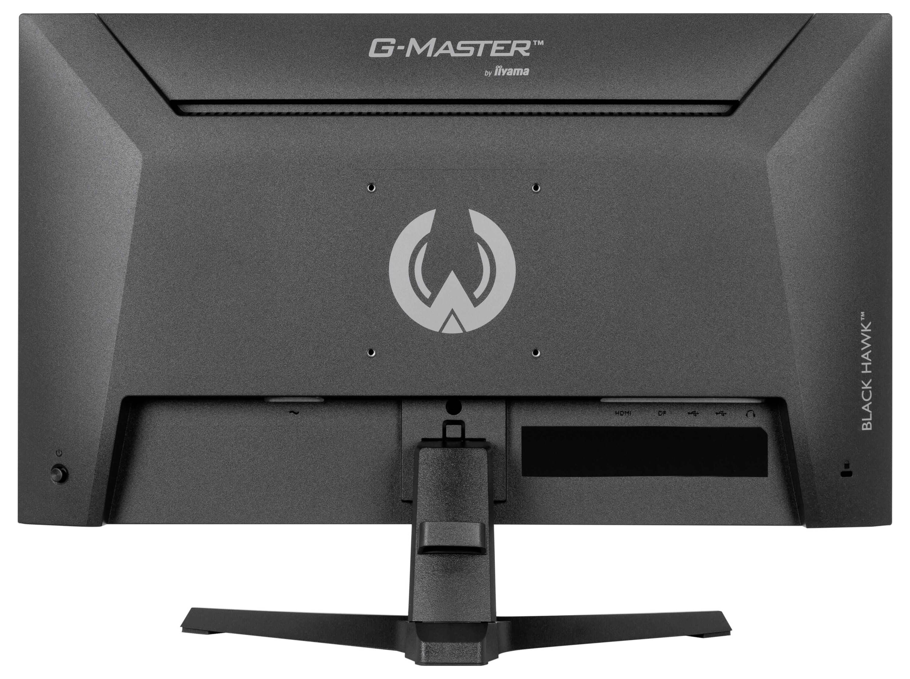 Tmavě zbarvený počítačový monitor s brandingem "G-Master" a logem na zadní straně, namontovaný na stojanu.