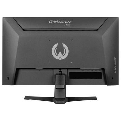 Tmavě zbarvený počítačový monitor s brandingem "G-Master" a logem na zadní straně, namontovaný na stojanu.