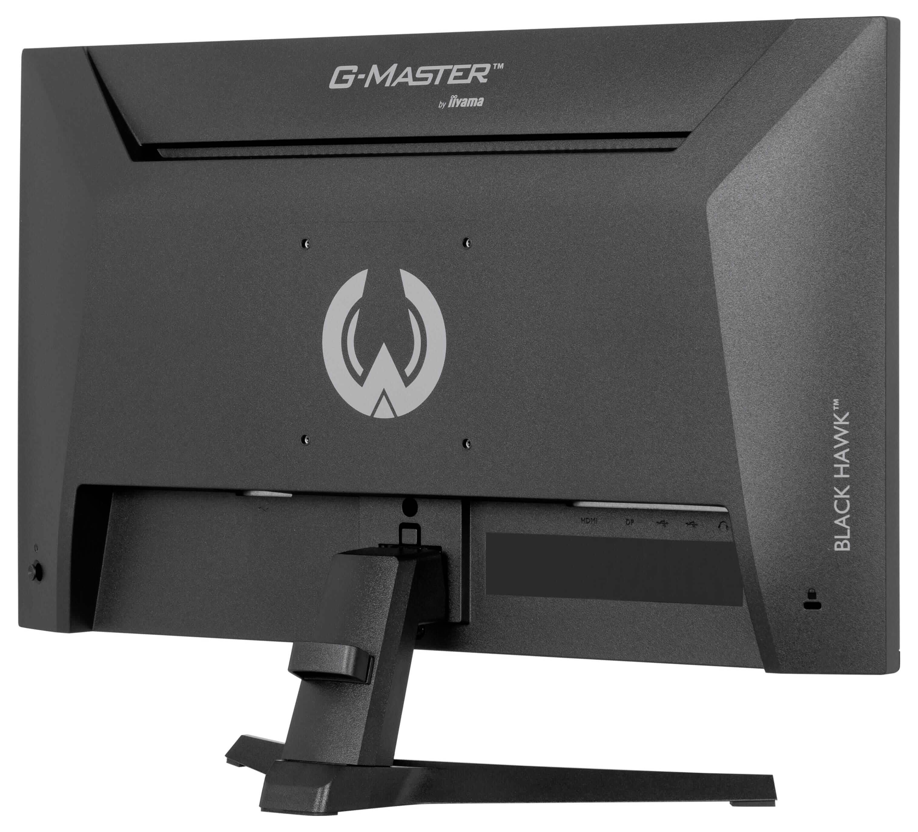 Černý počítačový monitor zobrazující "G-Master" a "Black Hawk" s viditelnými detaily značky na zadním panelu.