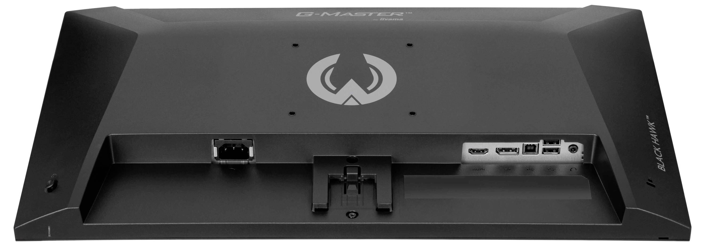 Zadní pohled na černém monitoru G-Master zobrazující různé porty a připojení, včetně HDMI a USB, s bodem připojení stojanu.