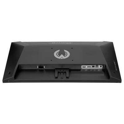 Zadní pohled na černém monitoru G-Master zobrazující různé porty a připojení, včetně HDMI a USB, s bodem připojení stojanu.