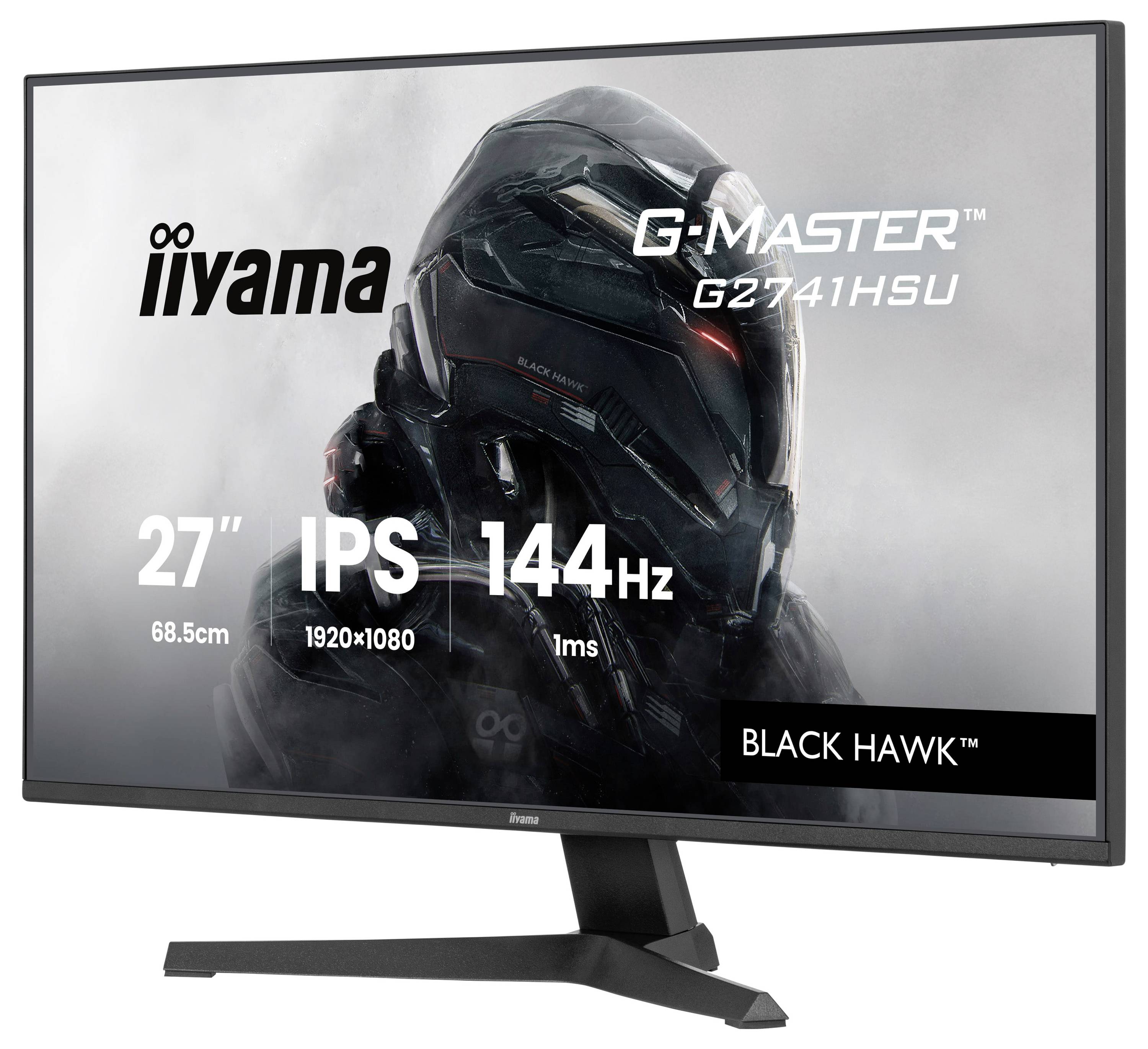 Počítačový monitor zobrazující své specifikace, včetně údajů "27" IPS, 1920x1080, 144Hz, 1ms". Je zobrazen název modelu "G-Master G2741HSU Black Hawk".