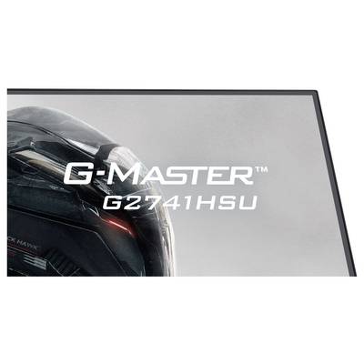 Obrazovka monitoru zobrazující text "G-Master G2741HSU" s viditelnou částí elegantní helmice, která naznačuje herní motiv.