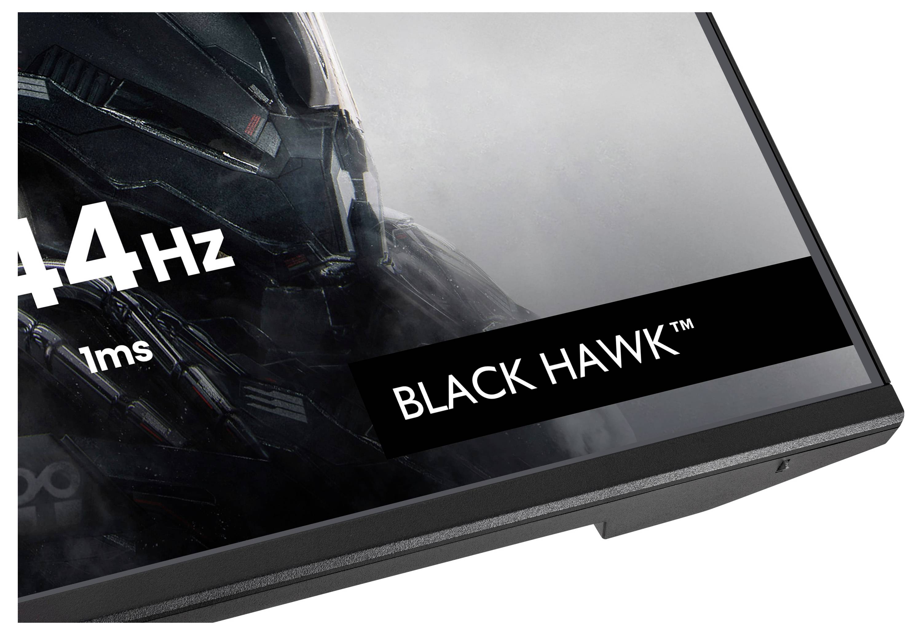 Monitor počítače s designem zobrazujícím futuristického válečníka. Na obrazovce se zobrazuje '144Hz', '1ms' a 'BLACK HAWK™'.