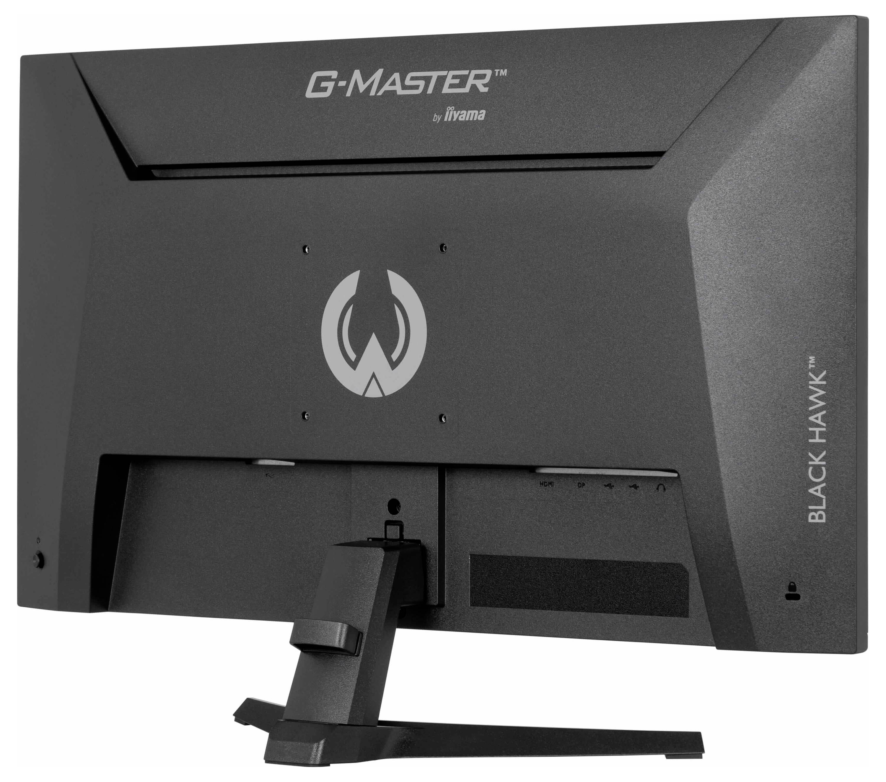 Zadní pohled na černý herní monitor G-Master, který ukazuje jeho elegantní design a stojan, s viditelnými logy a brandingem na zadní straně.
