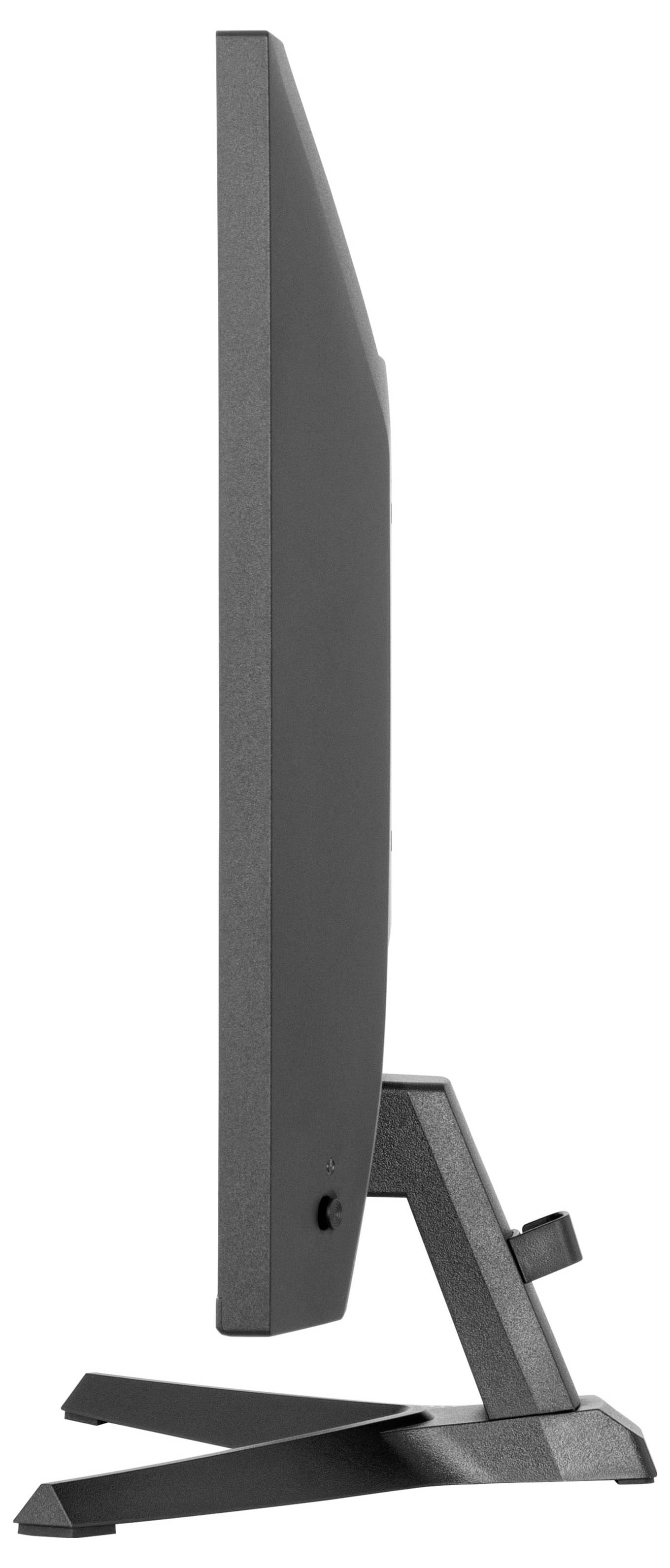 Boční pohled na plochý počítačový monitor na stojanu, který předvádí jeho štíhlý profil a minimalistický design.