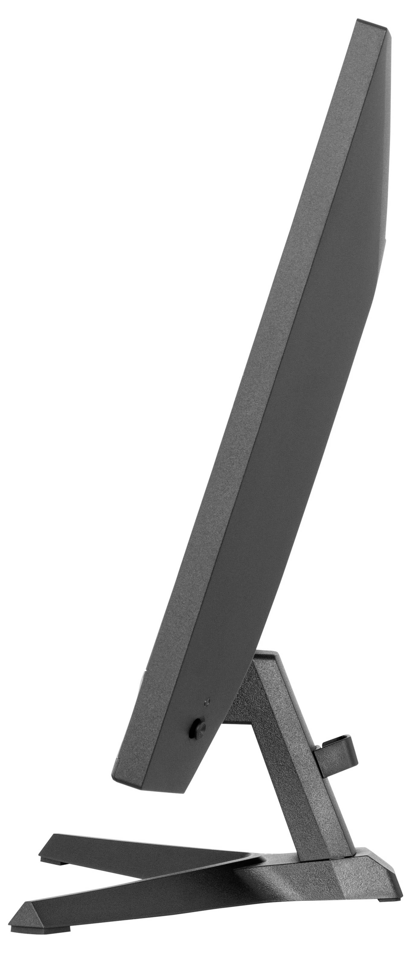 Boční pohled na tenký počítačový monitor na stojanu, který ukazuje jeho štíhlý profil a úhlový design. Obrazovka je mírně nakloněna dozadu.