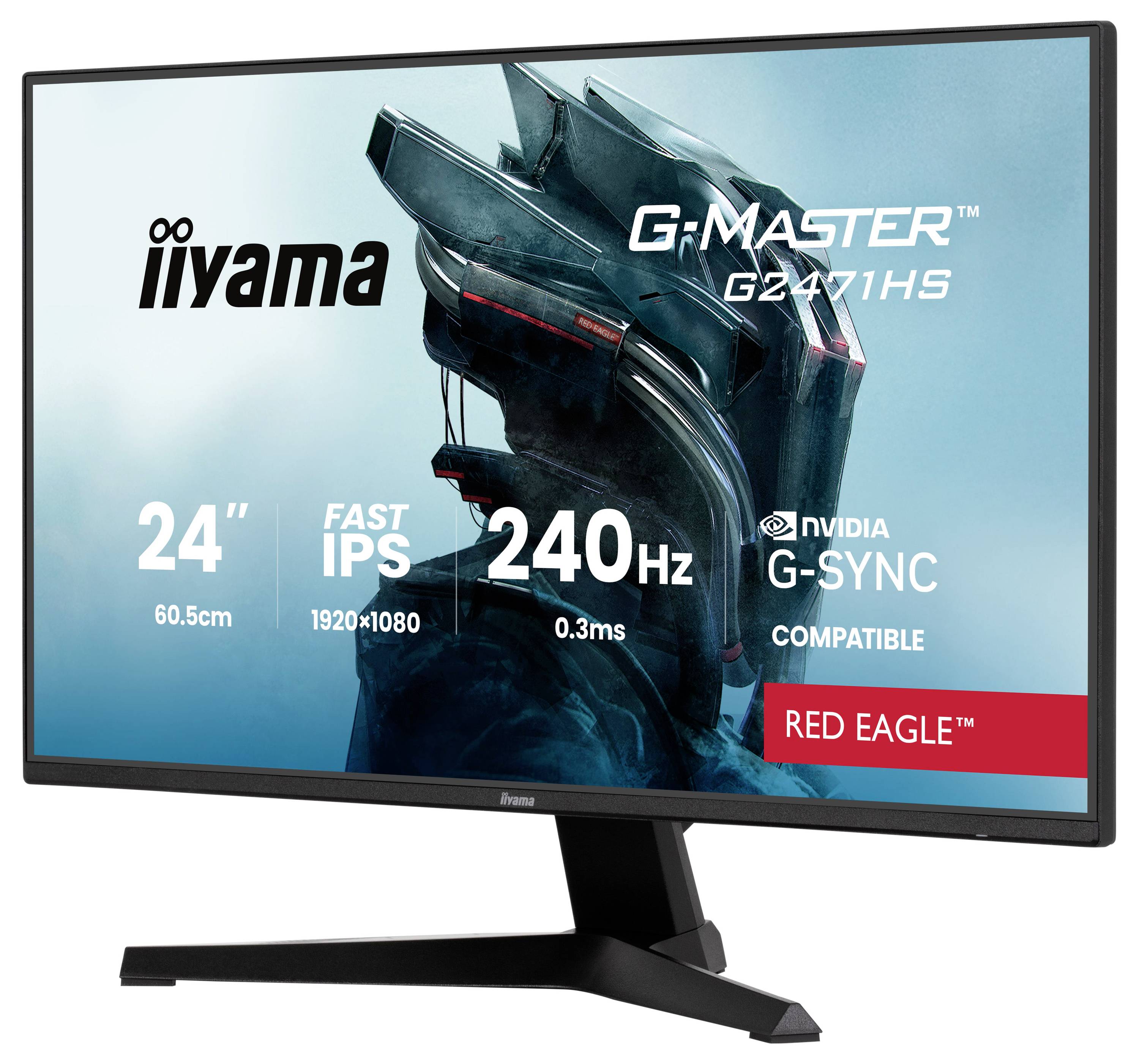Obrázek ukazuje monitor iiyama G-Master G2471HS s sci-fi designem. Zvýrazňuje specifikace: 24 palců, Fast IPS, 1920x1080, 240Hz, G-SYNC kompatibilní.