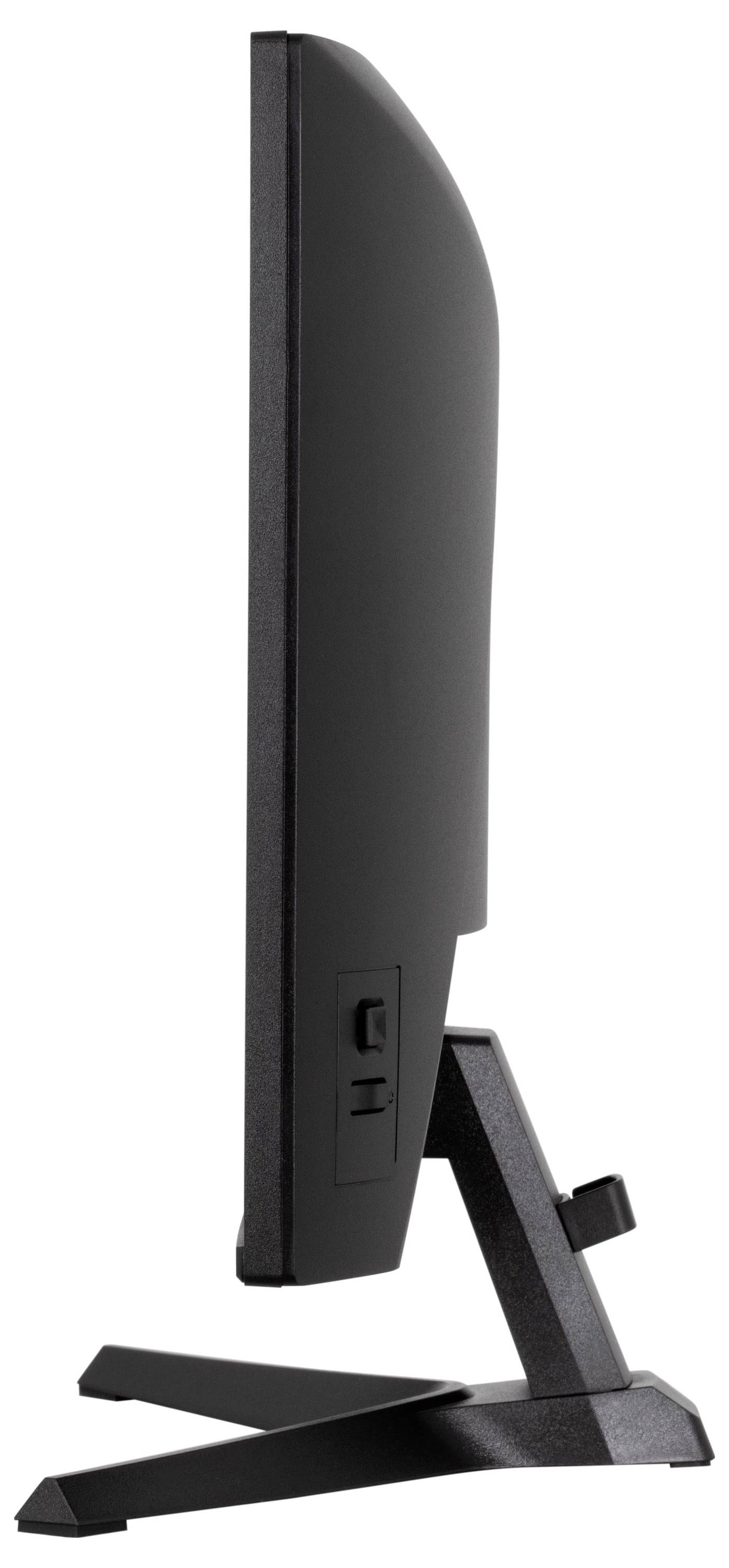 Štíhlý, černý počítačový monitor zobrazený z boku, který vykazuje jeho tenký design a nastavitelný stojan.