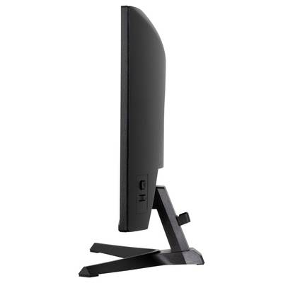 Štíhlý, černý počítačový monitor zobrazený z boku, který vykazuje jeho tenký design a nastavitelný stojan.