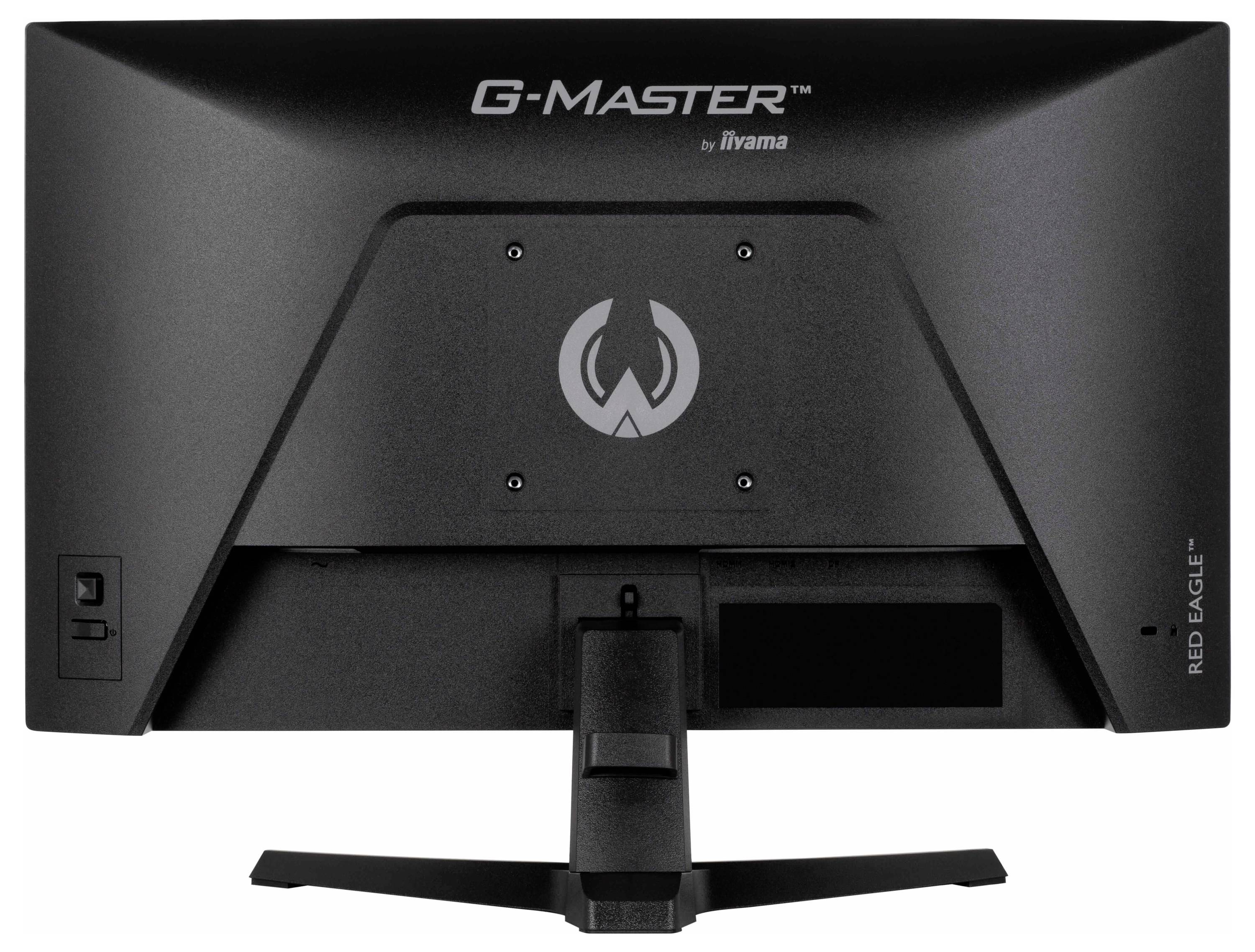 Zadní pohled na černý počítačový monitor značky Iiyama 'G-Master' s montážní základnou a logem na zadním panelu.