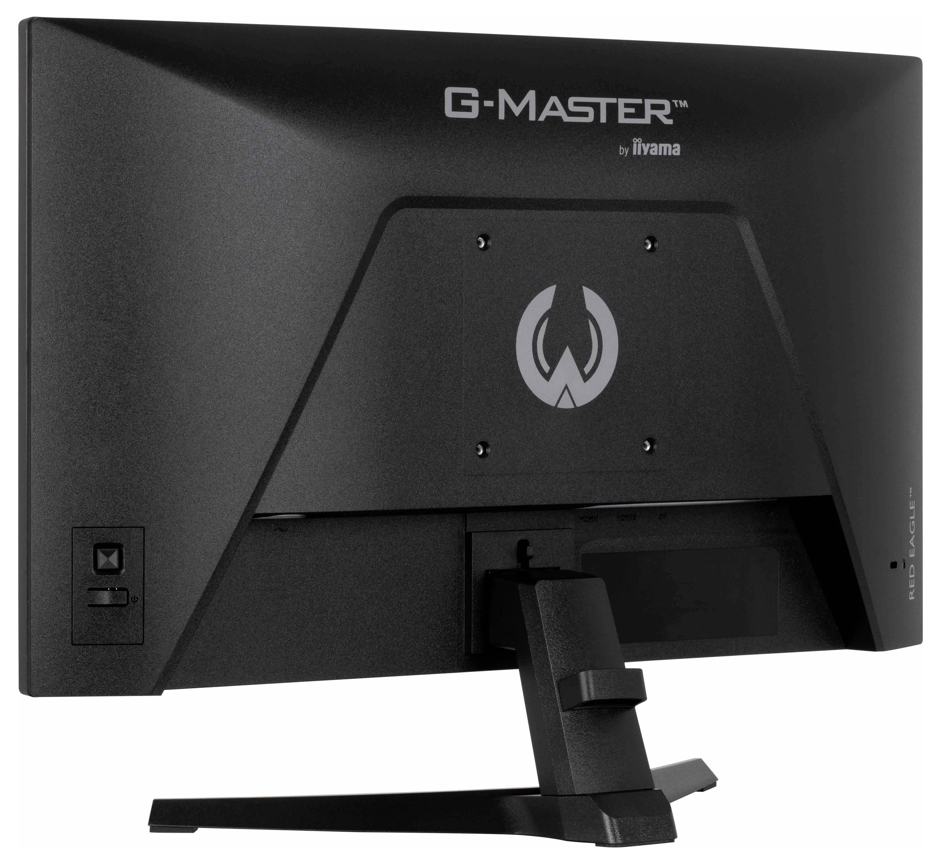 Černý počítačový monitor, pohled zezadu, zobrazuje značku 'G-Master by iiyama' a kruhové logo. Je viditelný stojan.