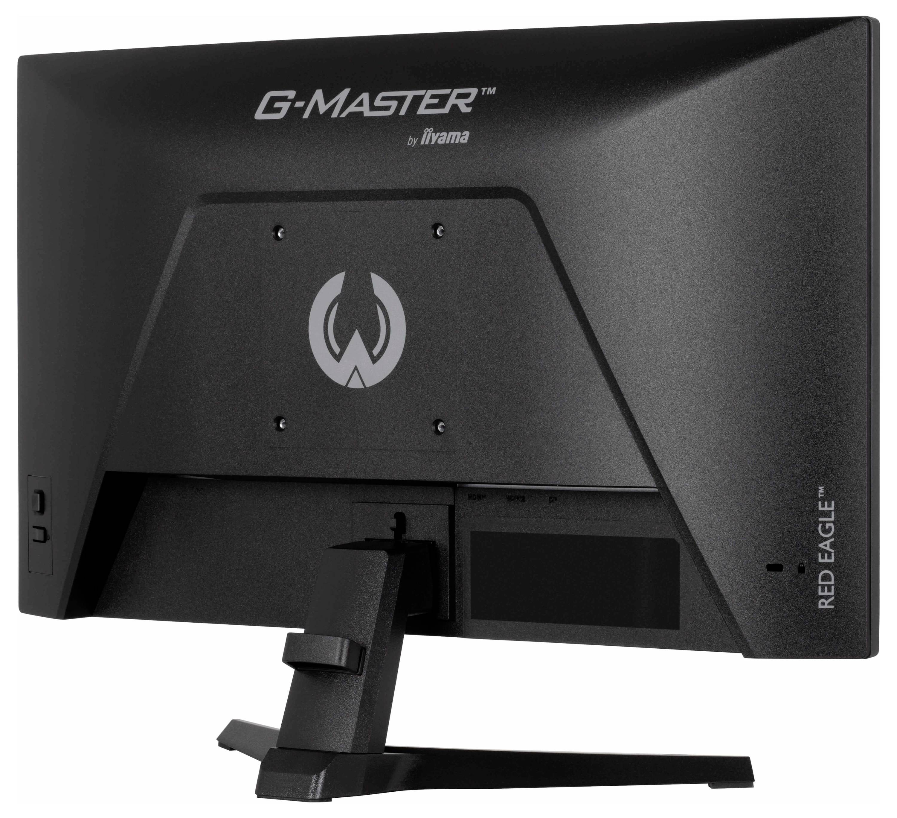 Herní monitor "Iiyama G-Master Red Eagle", zadní pohled ukazující podstavec, logo a design panelu.