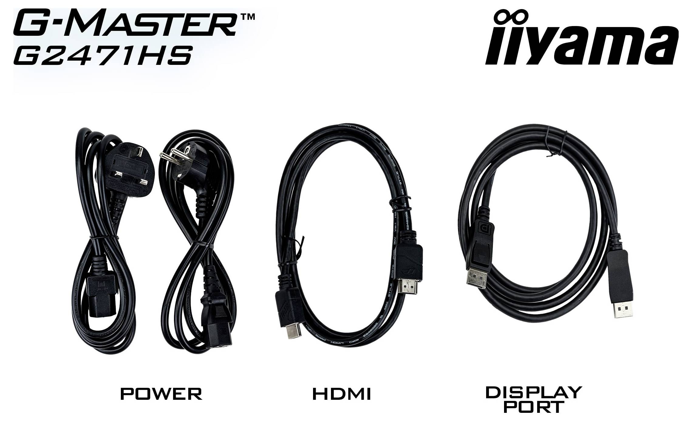 Kabel monitoru 'G-Master G2471HS iiyama' zobrazené: napájací, HDMI a Display Port.