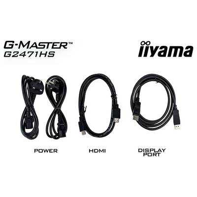 Kabel monitoru 'G-Master G2471HS iiyama' zobrazené: napájací, HDMI a Display Port.