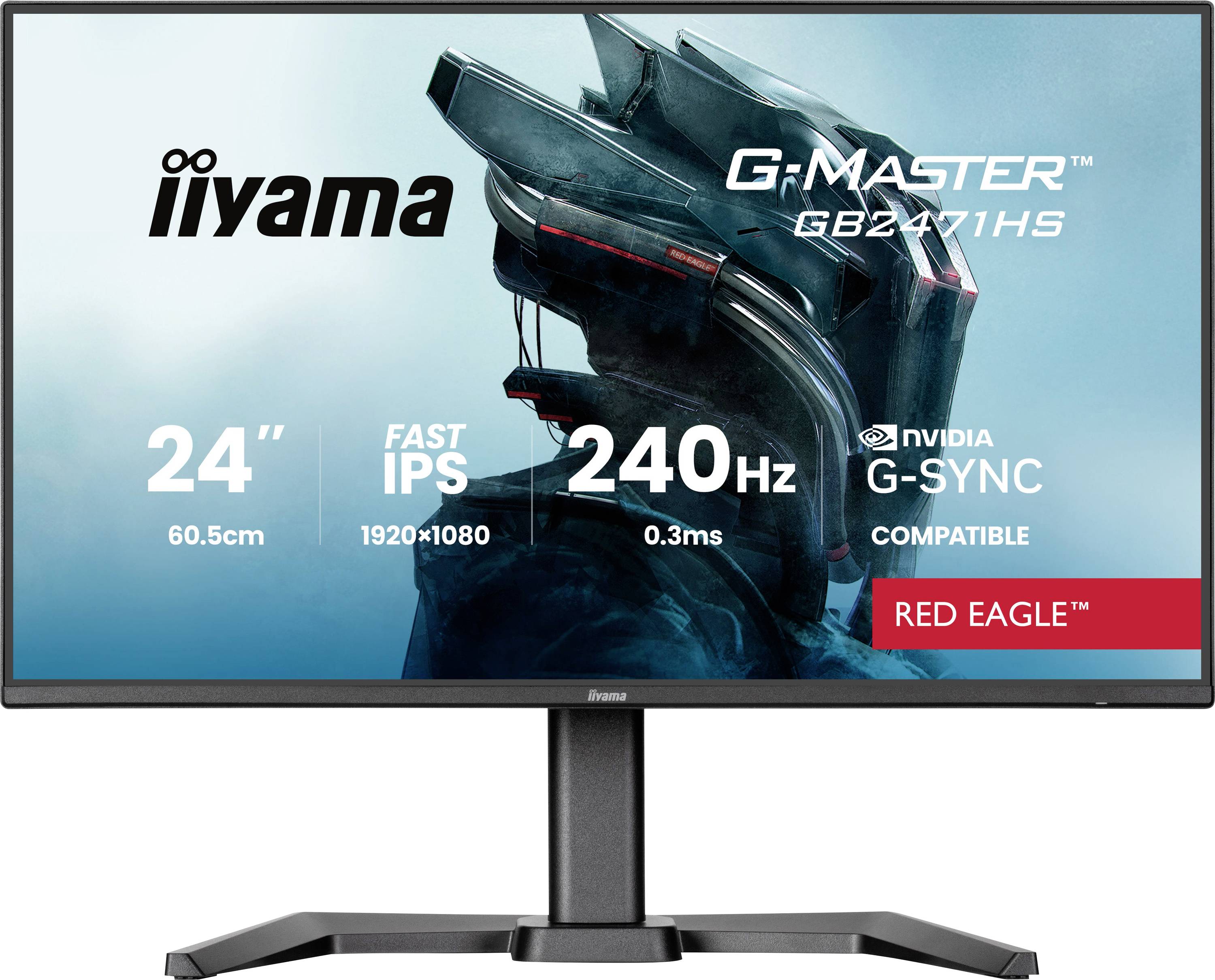 Počítačový monitor značky 'iiyama', model 'G-Master GB2471HS', 24 palců, rozlišení 1920x1080, 240Hz, označený jako 'Red Eagle'.