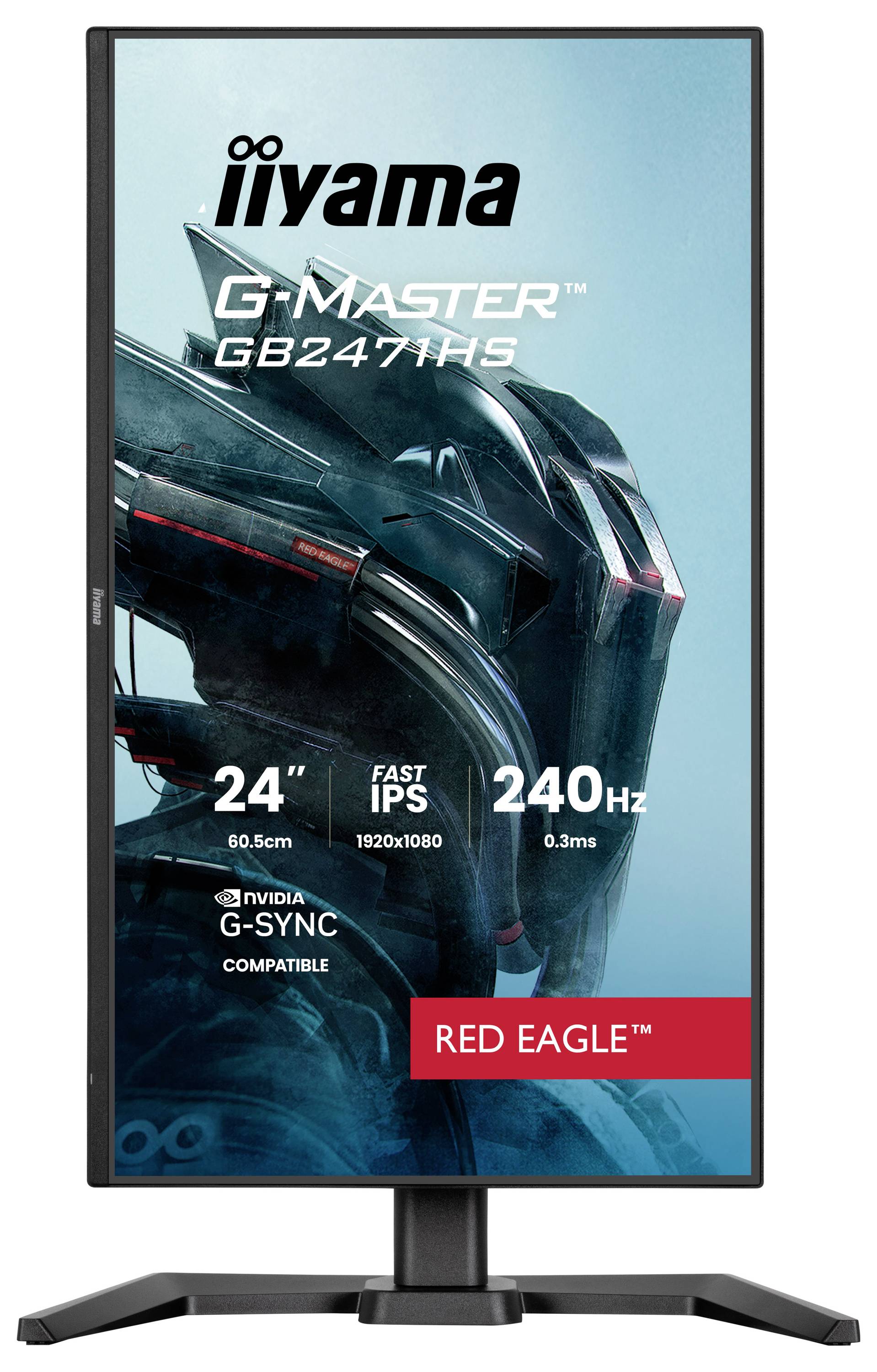 Monitor IIYAMA G-MASTER GB2471HS zobrazený svisle. Mezi funkce patří velikost 24 palců, Fast IPS, obnovovací frekvence 240Hz, doba odezvy 0,3ms, NVIDIA G-SYNC a branding "Red Eagle".