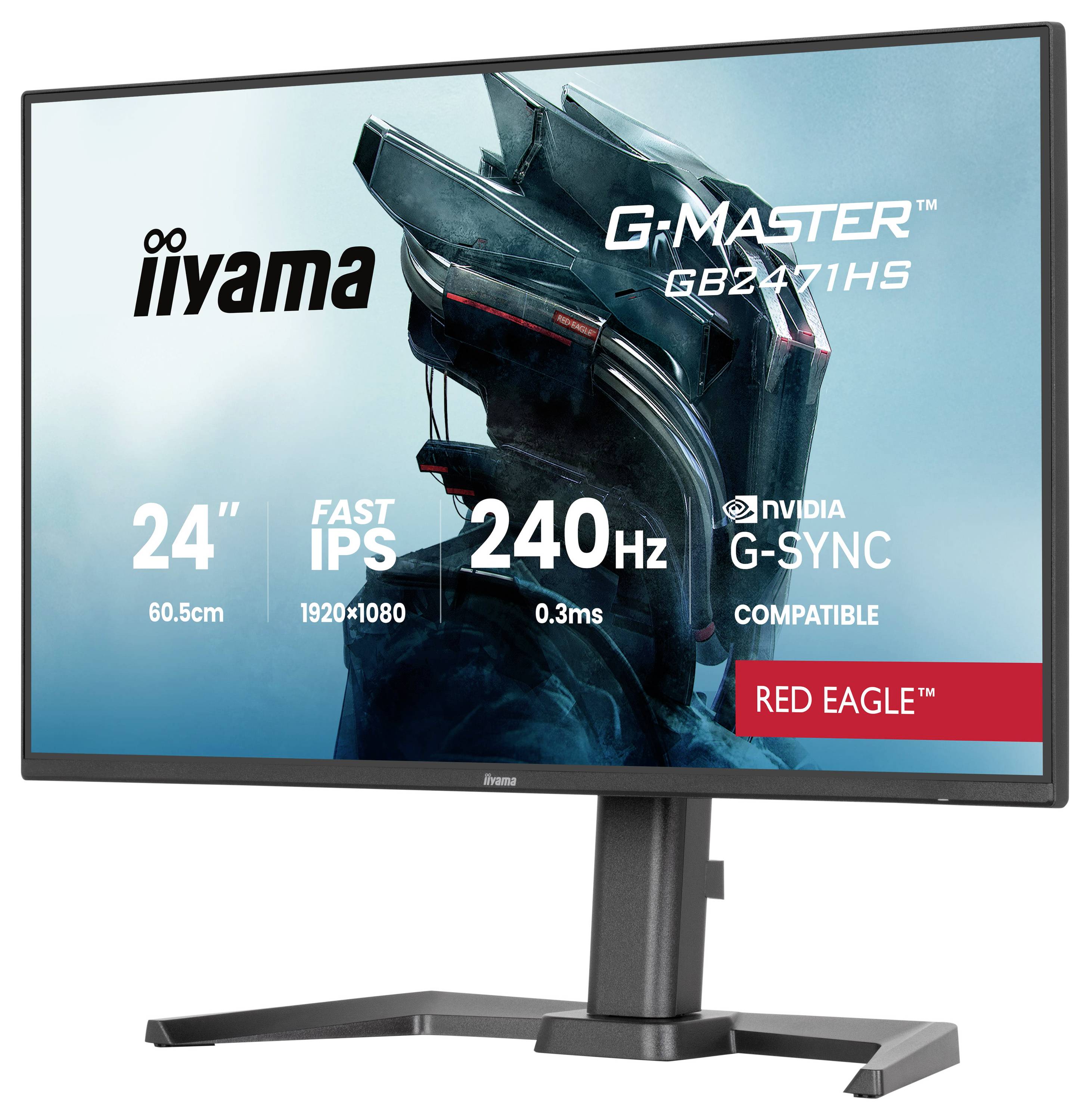 Počítačový monitor zobrazuje text: „iiyama G-Master GB2471HS, 24", Fast IPS, 1920x1080, 240Hz, NVIDIA G-SYNC Compatible, Red Eagle."
