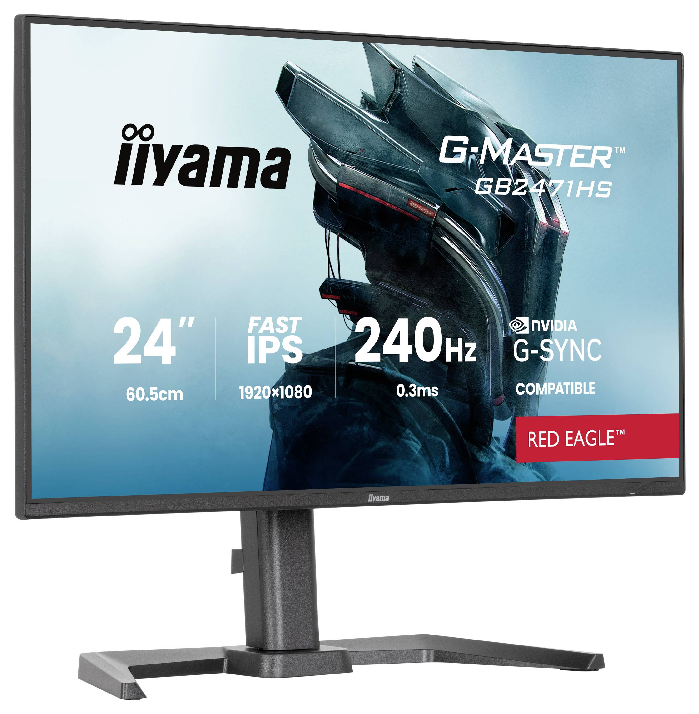 Počítačový monitor zobrazující futuristický obrázek robota. Text zní: "iiyama G-Master GB2471HS, 24'' Fast IPS, 1920x1080, 240Hz, 0,3ms, kompatibilní s NVIDIA G-Sync, Red Eagle".