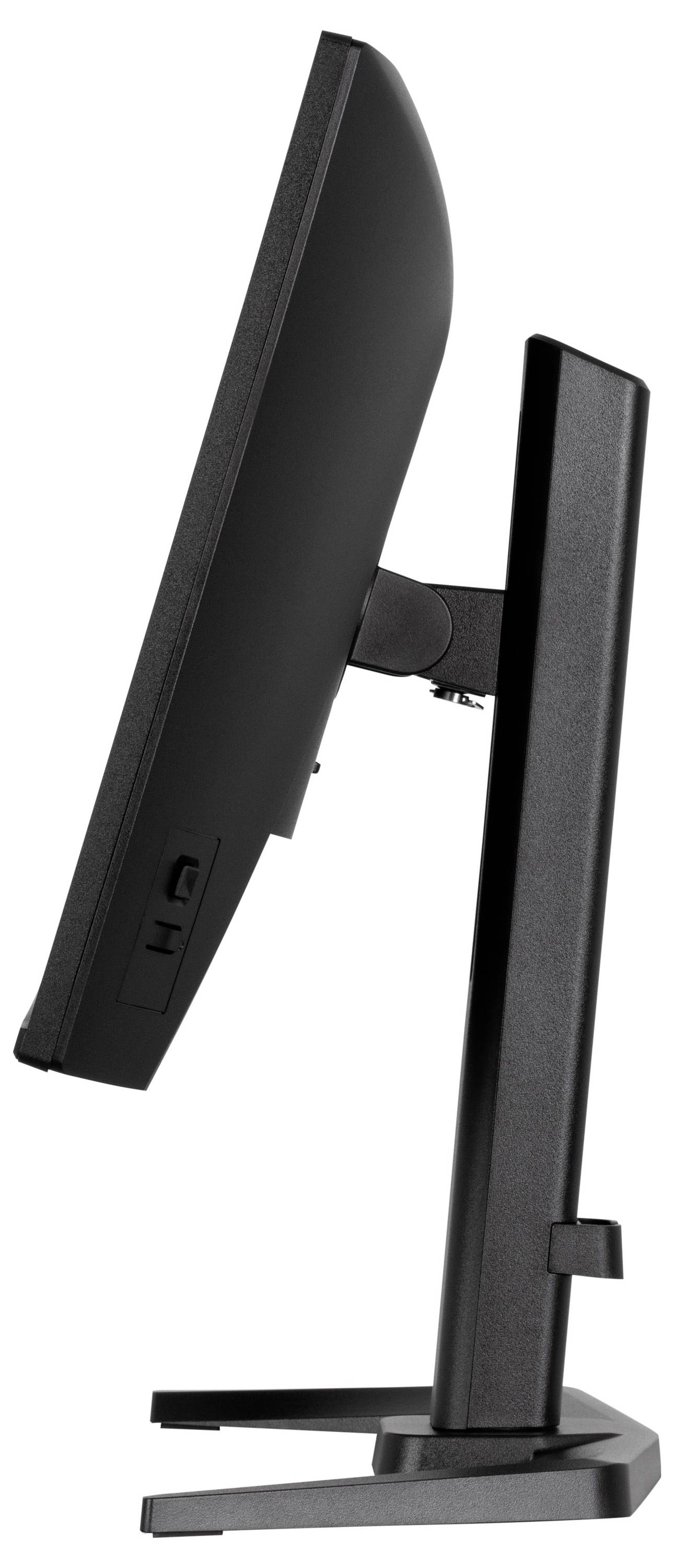 Boční pohled na počítačový monitor na stojanu, který vykazuje jeho štíhlý profil a moderní design. Stojan je nastavitelný pro ergonomické použití.