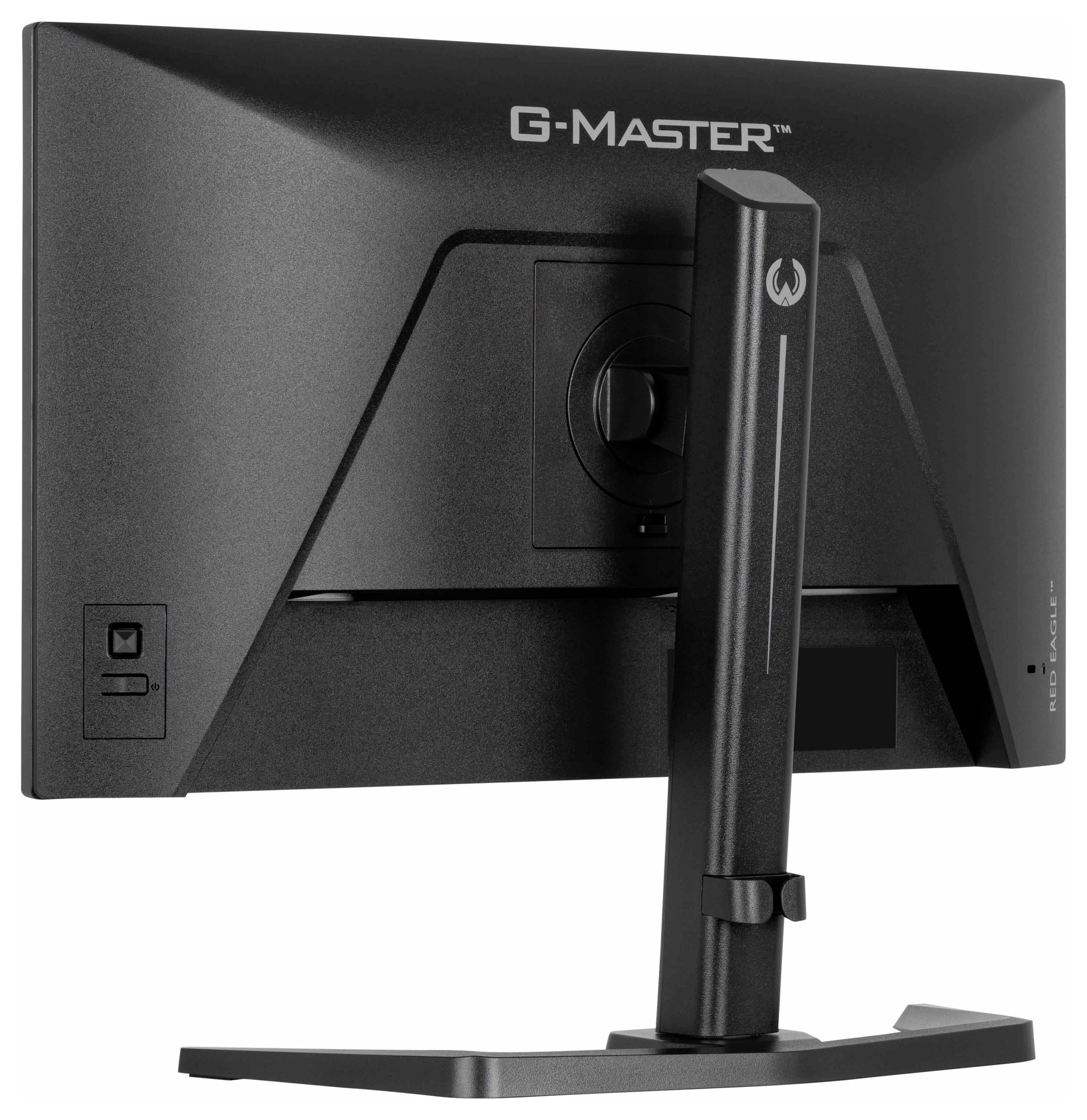 Počítačový monitor 'G-Master' se zadním pohledem zobrazujícím robustní podstavec a značku v horní části.