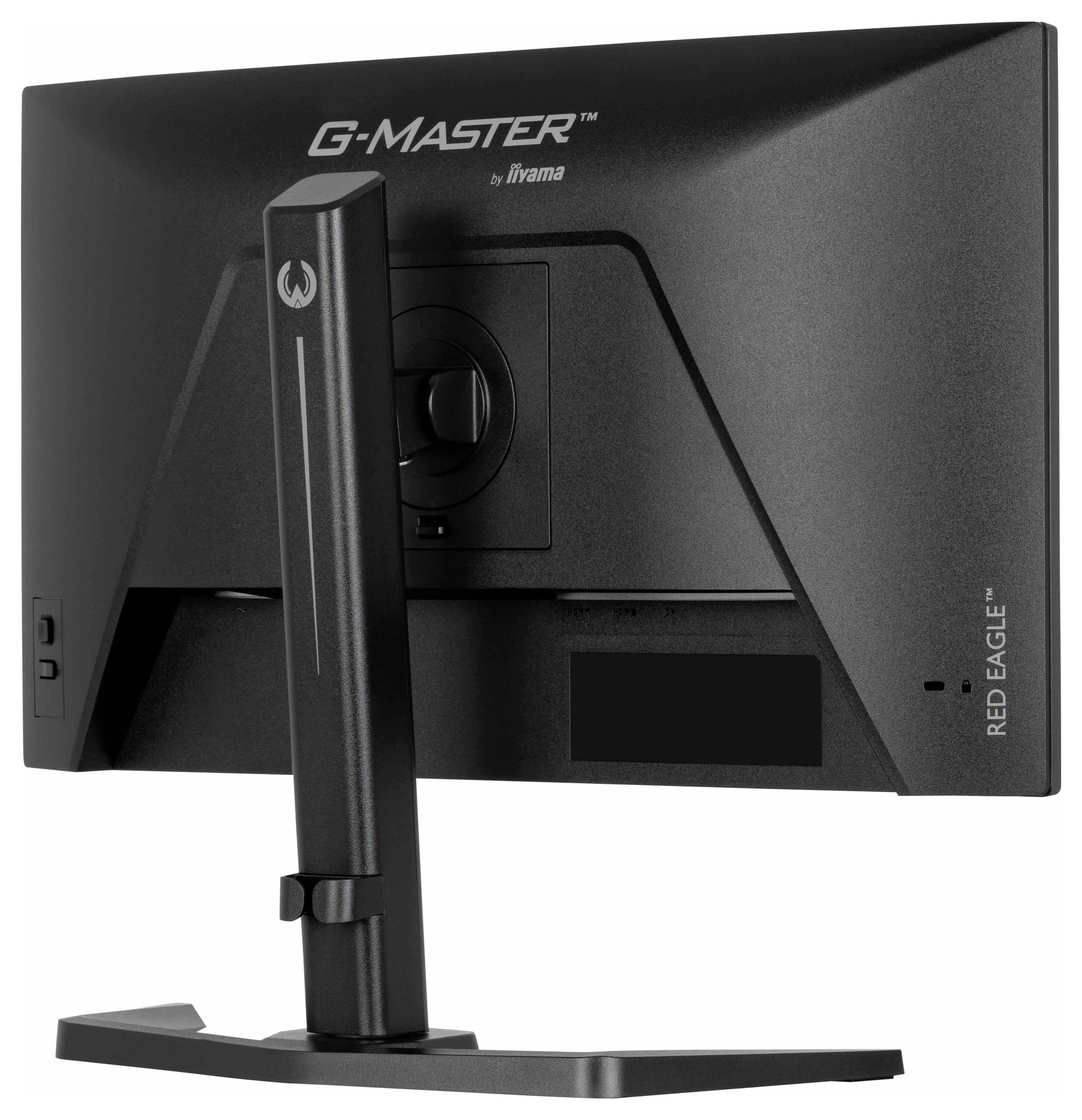 Počítačový monitor se štíhlým černým podstavcem, pohled zezadu, s názvem značky "G-Master" a modelem "Red Eagle".